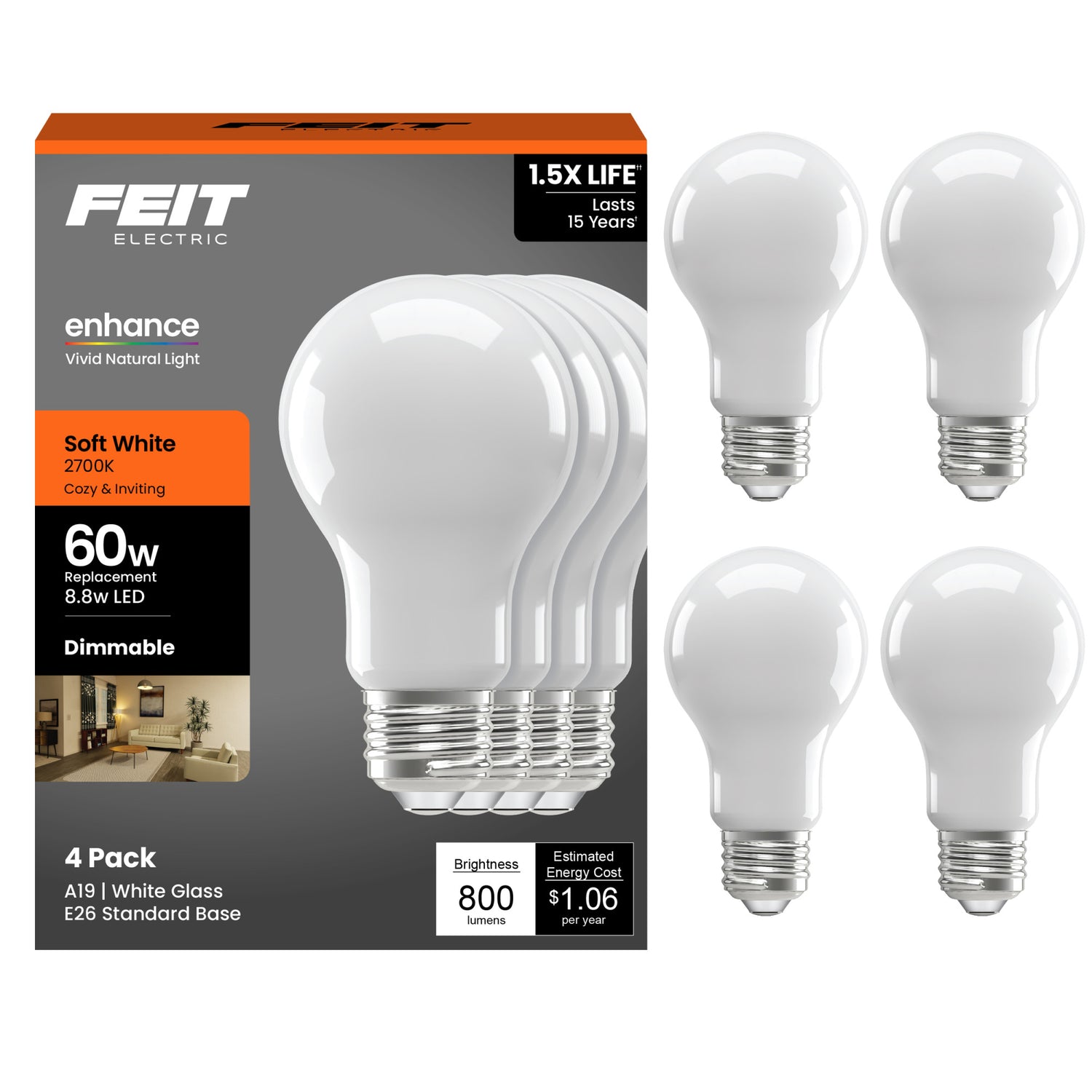 8.8W (60W Replacement) Soft White (2700K) A19 Medium E26 Base Enhance Dimmable General Purpose LED Light Bulb (4-Pack)