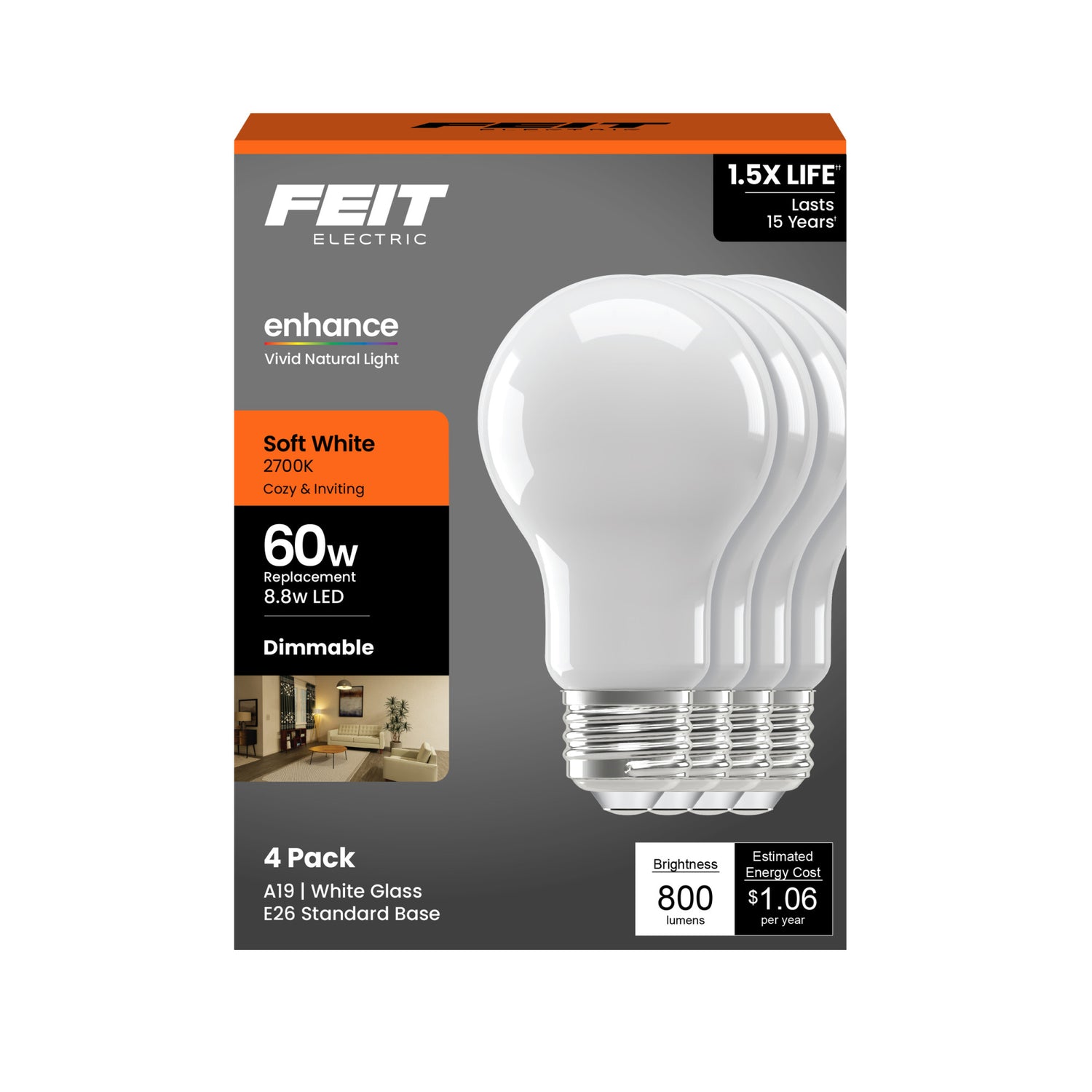 8.8W (60W Replacement) Soft White (2700K) A19 Medium E26 Base Enhance Dimmable General Purpose LED Light Bulb (4-Pack)