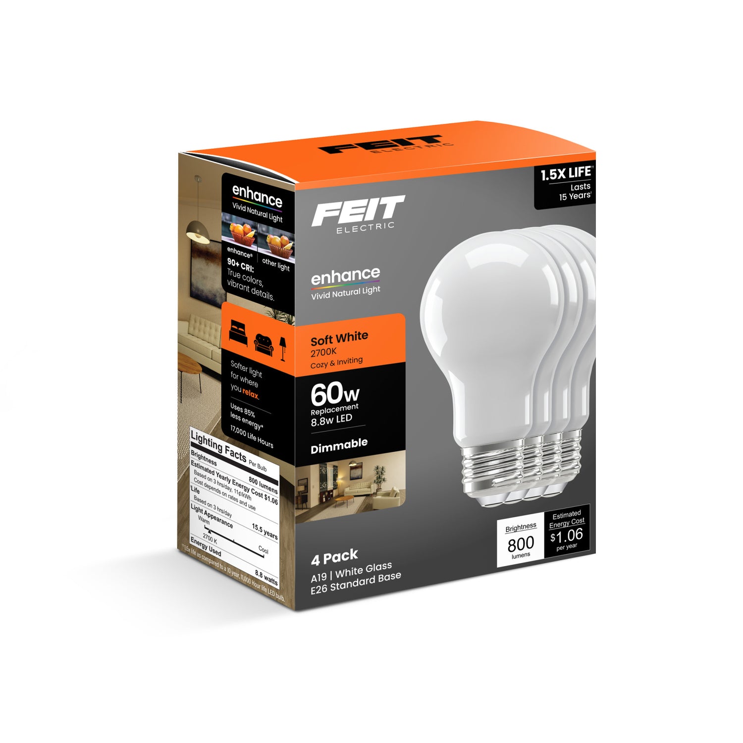8.8W (60W Replacement) Soft White (2700K) A19 Medium E26 Base Enhance Dimmable General Purpose LED Light Bulb (4-Pack)