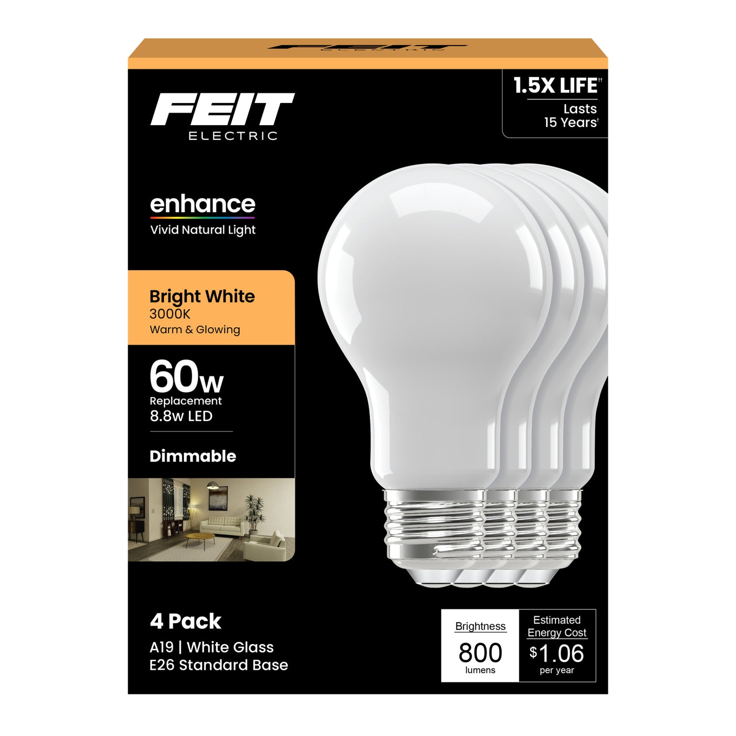 8.8W (60W Replacement) Bright White (3000K) E26 Base A19 Glass Filament Frosted Enhance LED Bulb (4-Pack)