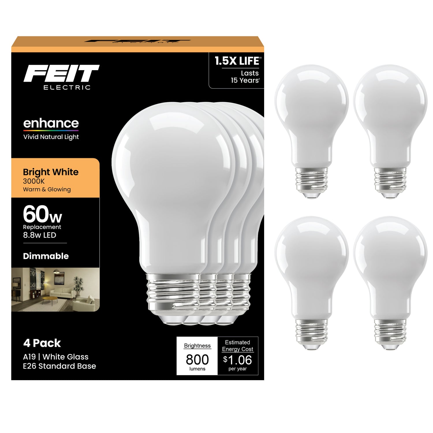 8.8W (60W Replacement) Bright White (3000K) E26 Base A19 Glass Filament Frosted Enhance LED Bulb (4-Pack)