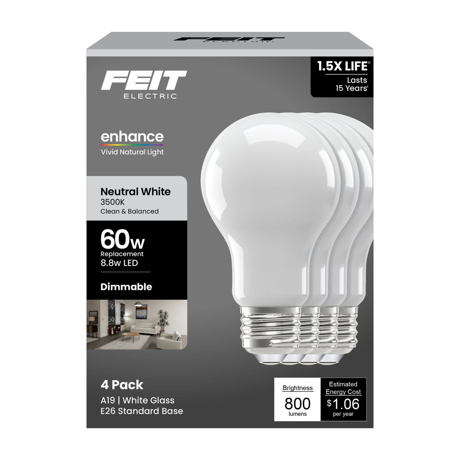 8.8W (60W Replacement) Neutral White (3500K) Medium E26 Base A19 Enhance Dimmable General Purpose LED Light Bulb (4-Pack)