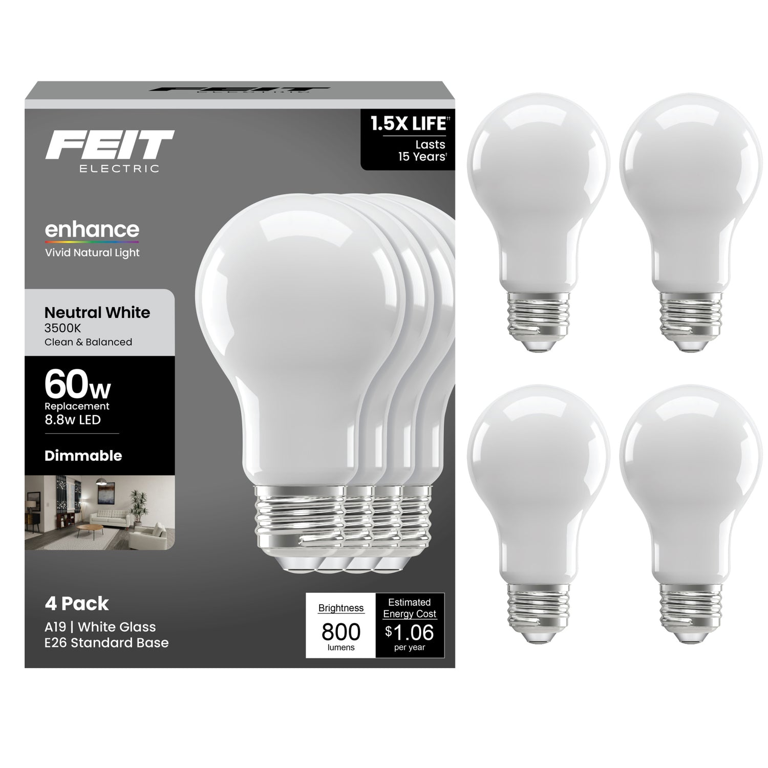 8.8W (60W Replacement) Neutral White (3500K) Medium E26 Base A19 Enhance Dimmable General Purpose LED Light Bulb (4-Pack)