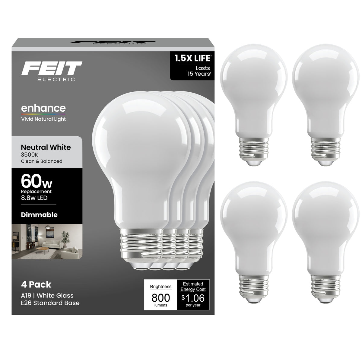 8.8W (60W Replacement) Neutral White (3500K) Medium E26 Base A19 Enhance Dimmable General Purpose LED Light Bulb (4-Pack)