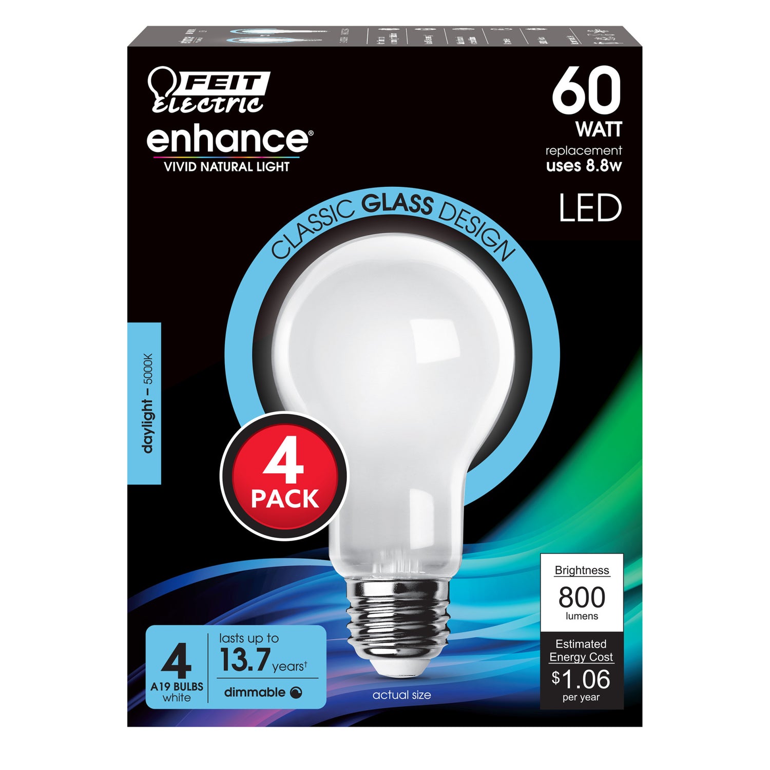 8.8W (60W Replacement) Daylight (5000K) A19 Dimmable Enhance Glass Filament General Purpose LED (4-Pack)