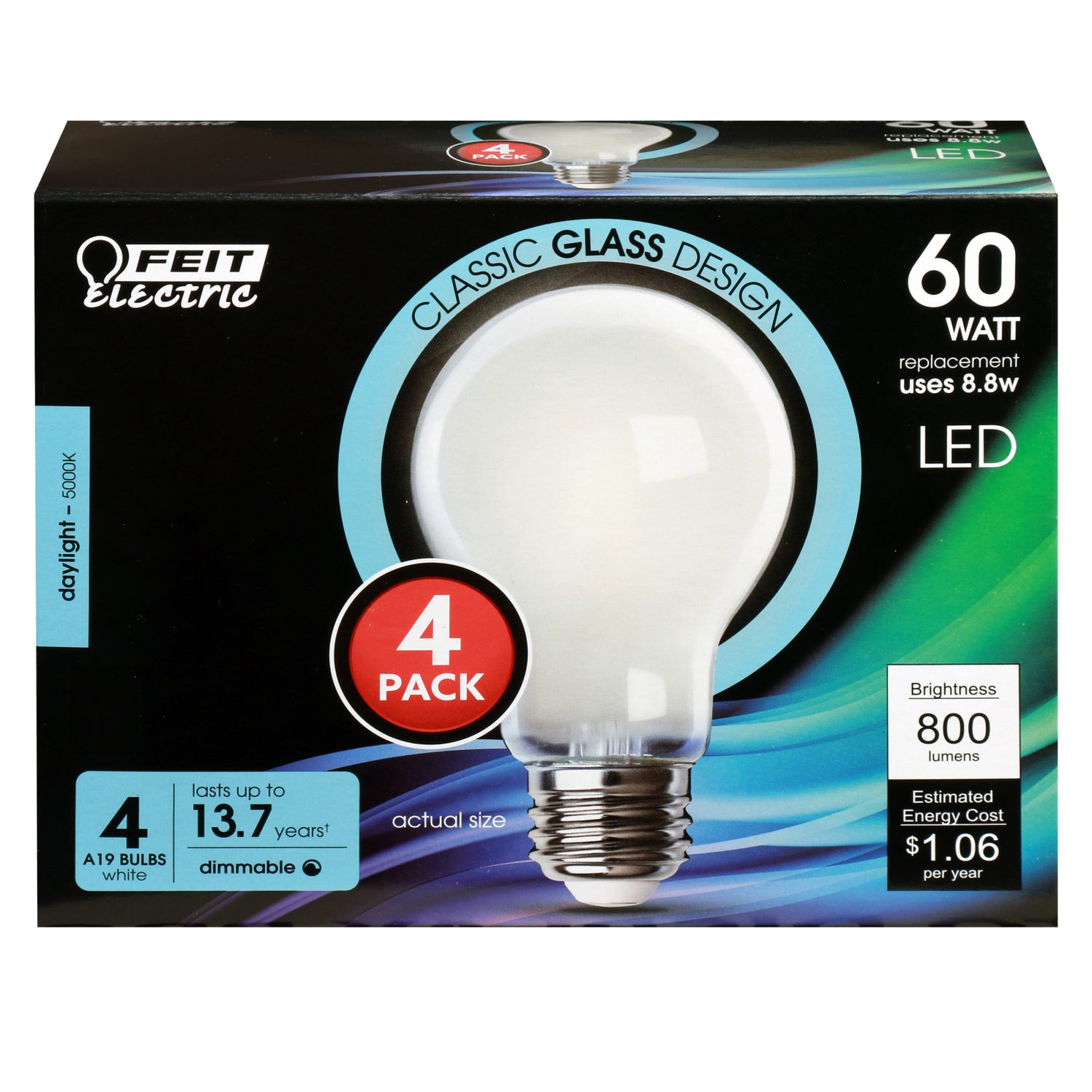 8.8W (60W Replacement) Daylight (5000K) A19 Dimmable Enhance Glass Filament General Purpose LED (4-Pack)