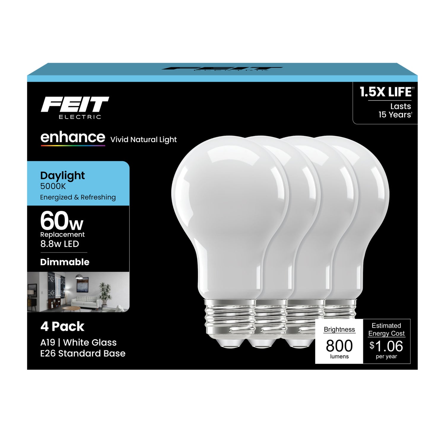 8.8W (60W Replacement) Daylight (5000K) A19 Dimmable Enhance Glass Filament General Purpose LED (4-Pack)