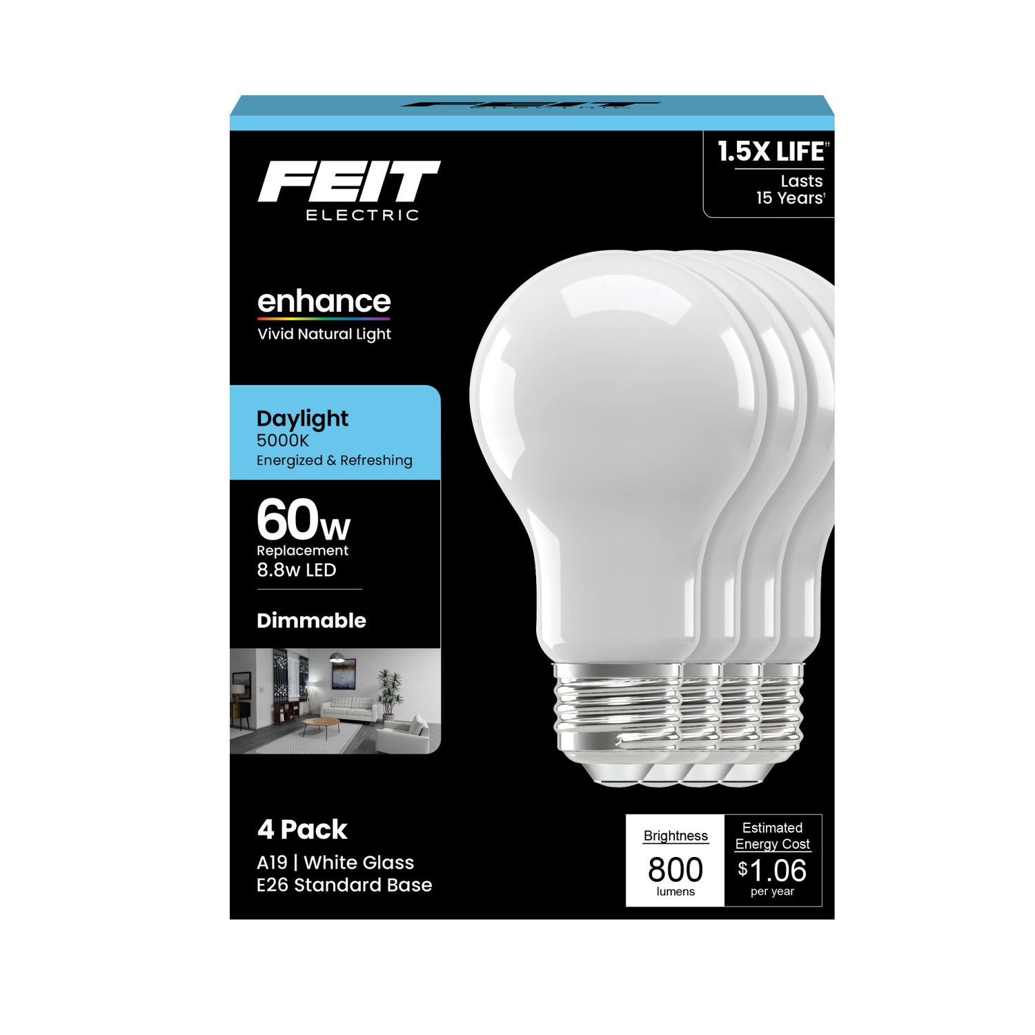 8.8W (60W Replacement) Daylight (5000K) A19 Dimmable Enhance Glass Filament General Purpose LED (4-Pack)