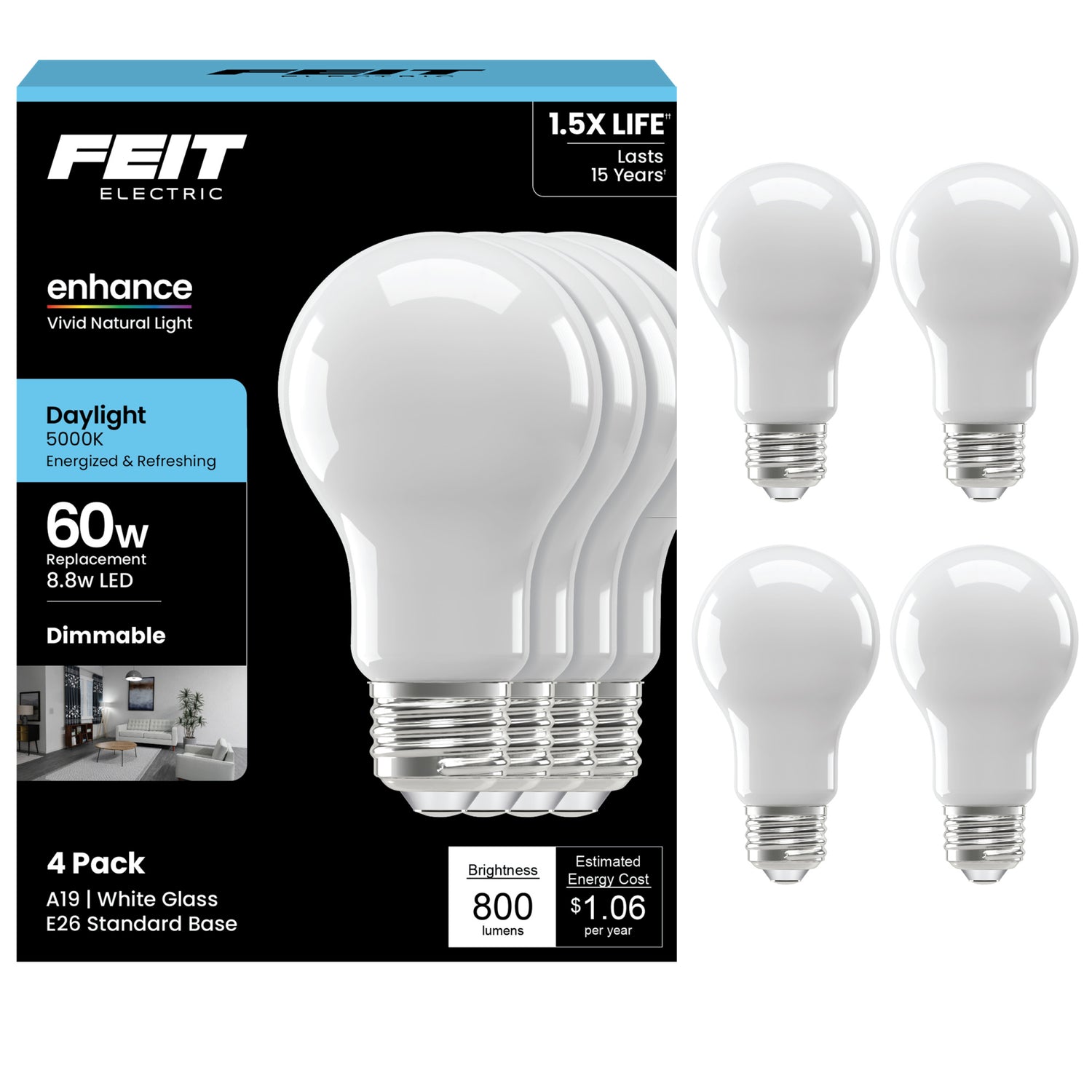 8.8W (60W Replacement) Daylight (5000K) A19 Dimmable Enhance Glass Filament General Purpose LED (4-Pack)