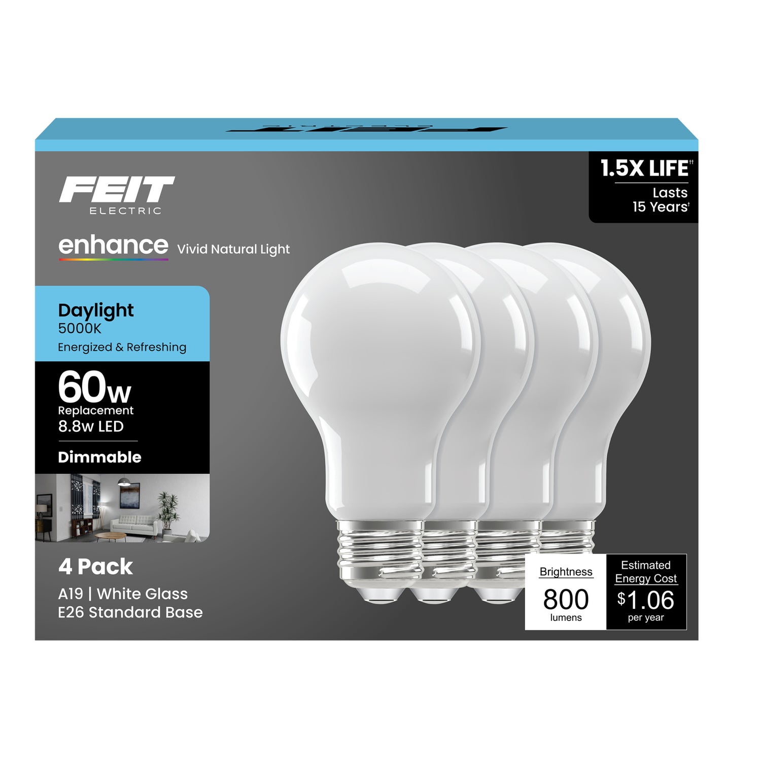 8.8W (60W Replacement) Daylight (5000K) Medium E26 Base A19 Enhance Dimmable General Purpose LED Light Bulb (4-Pack)