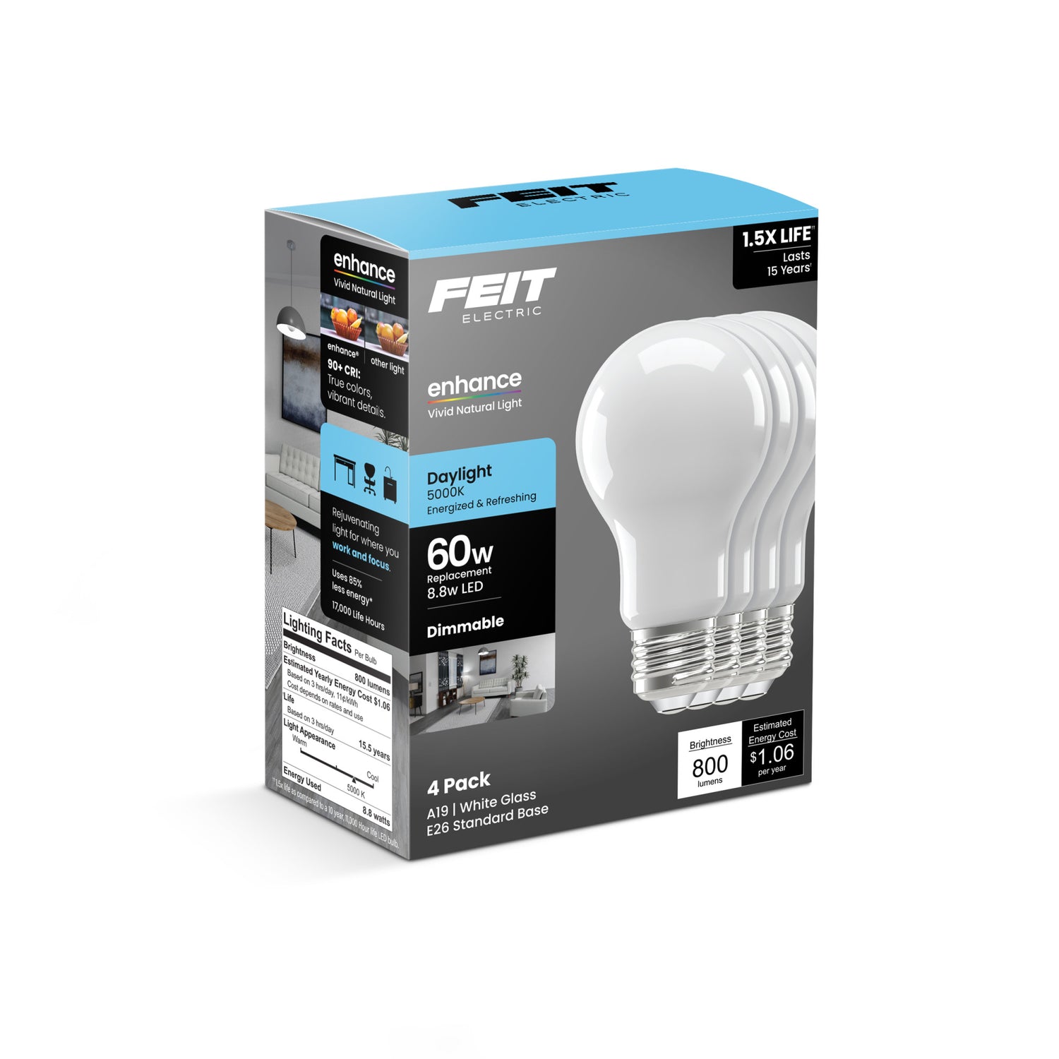 8.8W (60W Replacement) Daylight (5000K) Medium E26 Base A19 Enhance Dimmable General Purpose LED Light Bulb (4-Pack)