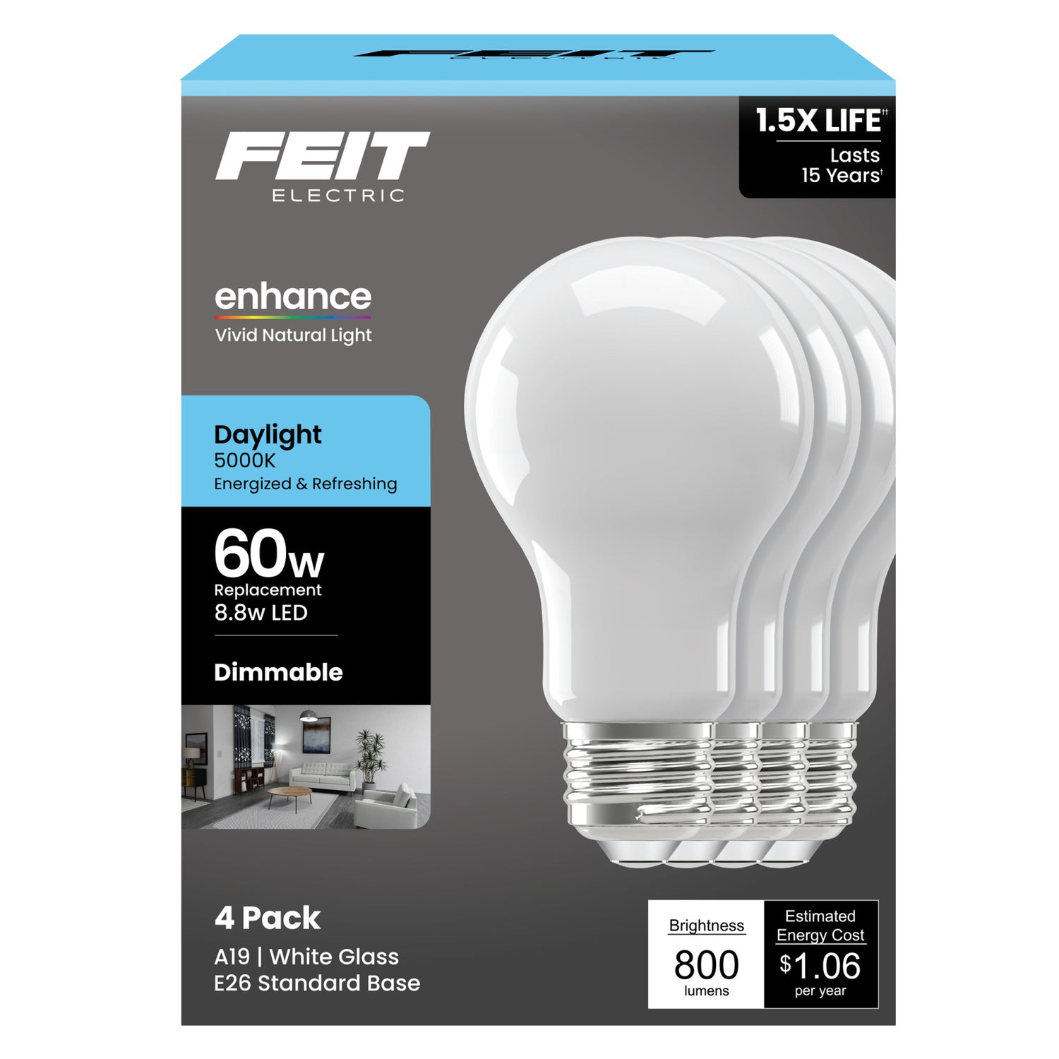 8.8W (60W Replacement) Daylight (5000K) Medium E26 Base A19 Enhance Dimmable General Purpose LED Light Bulb (4-Pack)