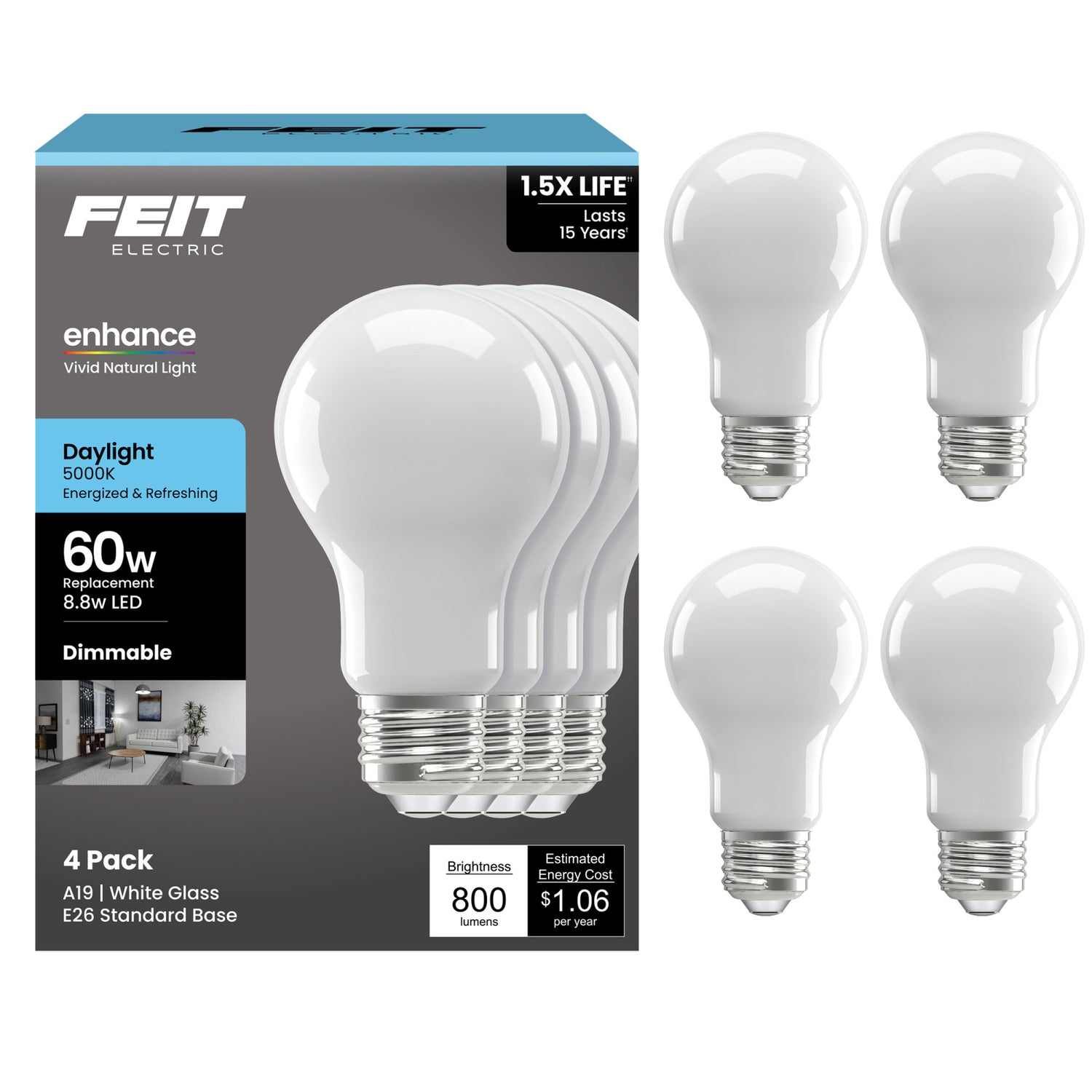 8.8W (60W Replacement) Daylight (5000K) Medium E26 Base A19 Enhance Dimmable General Purpose LED Light Bulb (4-Pack)