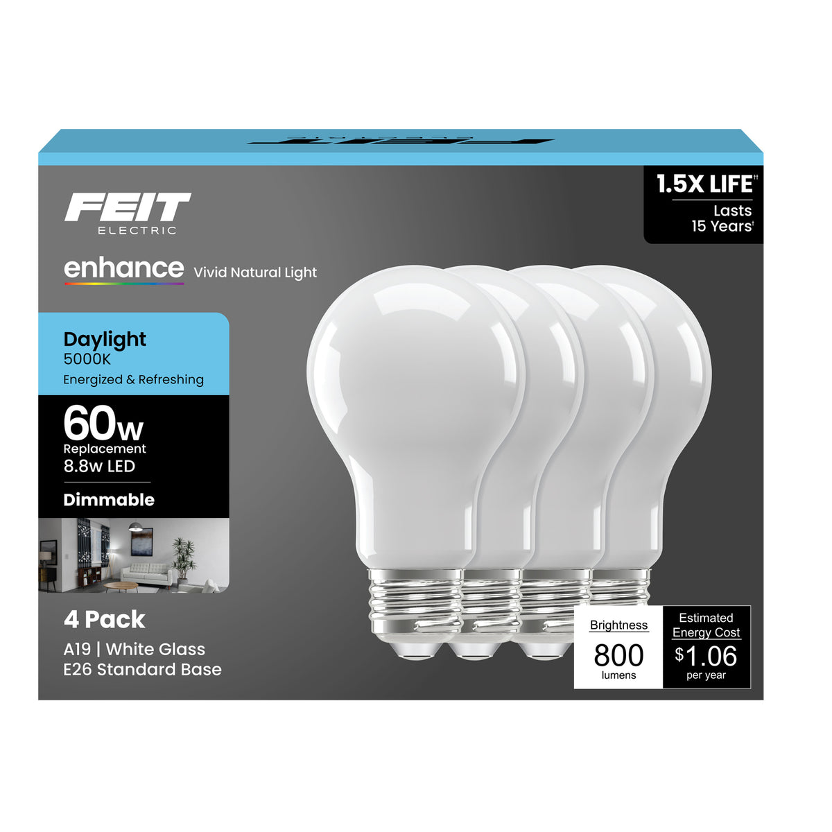 8.8W (60W Replacement) Daylight (5000K) Medium E26 Base A19 Enhance Dimmable General Purpose LED Light Bulb (4-Pack)