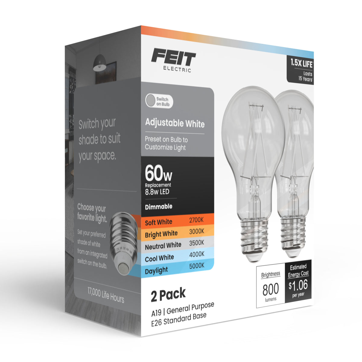 8.8W (60W Replacement) Adjustable White Dimmable White Filament Enhance LED Light Bulb (2-Pack)