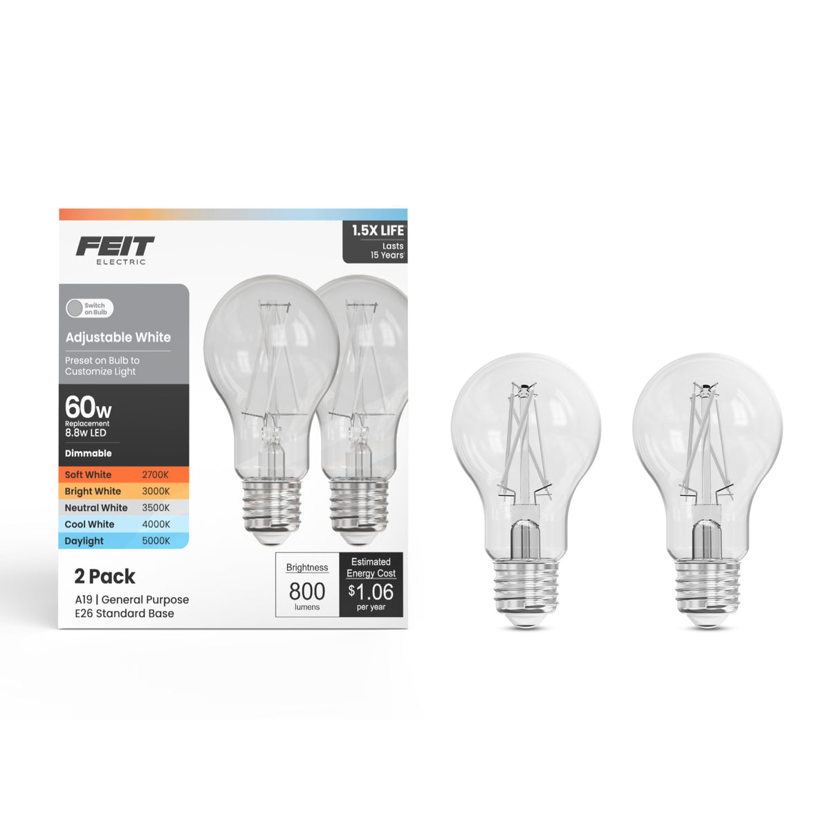 8.8W (60W Replacement) Adjustable White Dimmable White Filament Enhance LED Light Bulb (2-Pack)