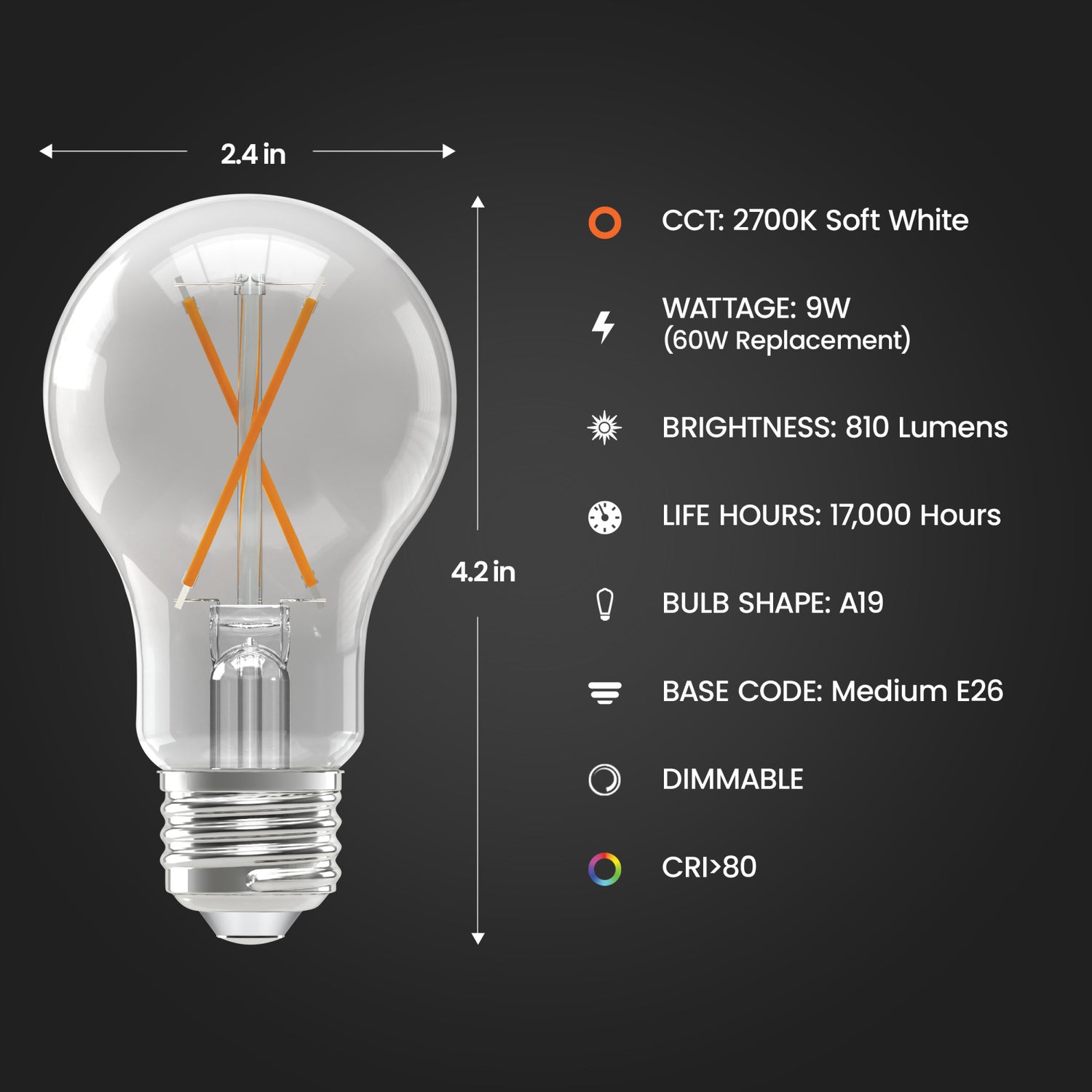 9W (60W Replacement) Soft White (2700K) A19 Shape (E26 Base) Filament LED Light Bulb (4-Pack)