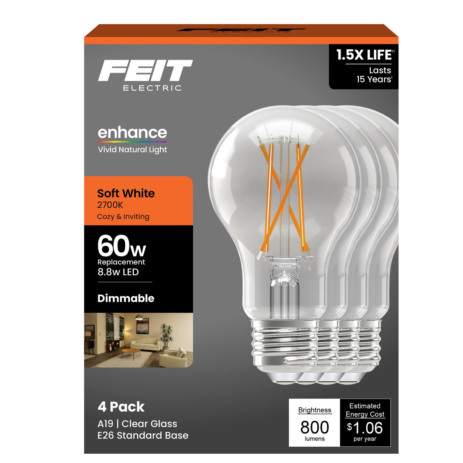 8.8W (60W Replacement) Soft White (2700K) A19 Medium E26 Base Enhance Dimmable Clear General Purpose LED Light Bulb (4-Pack)