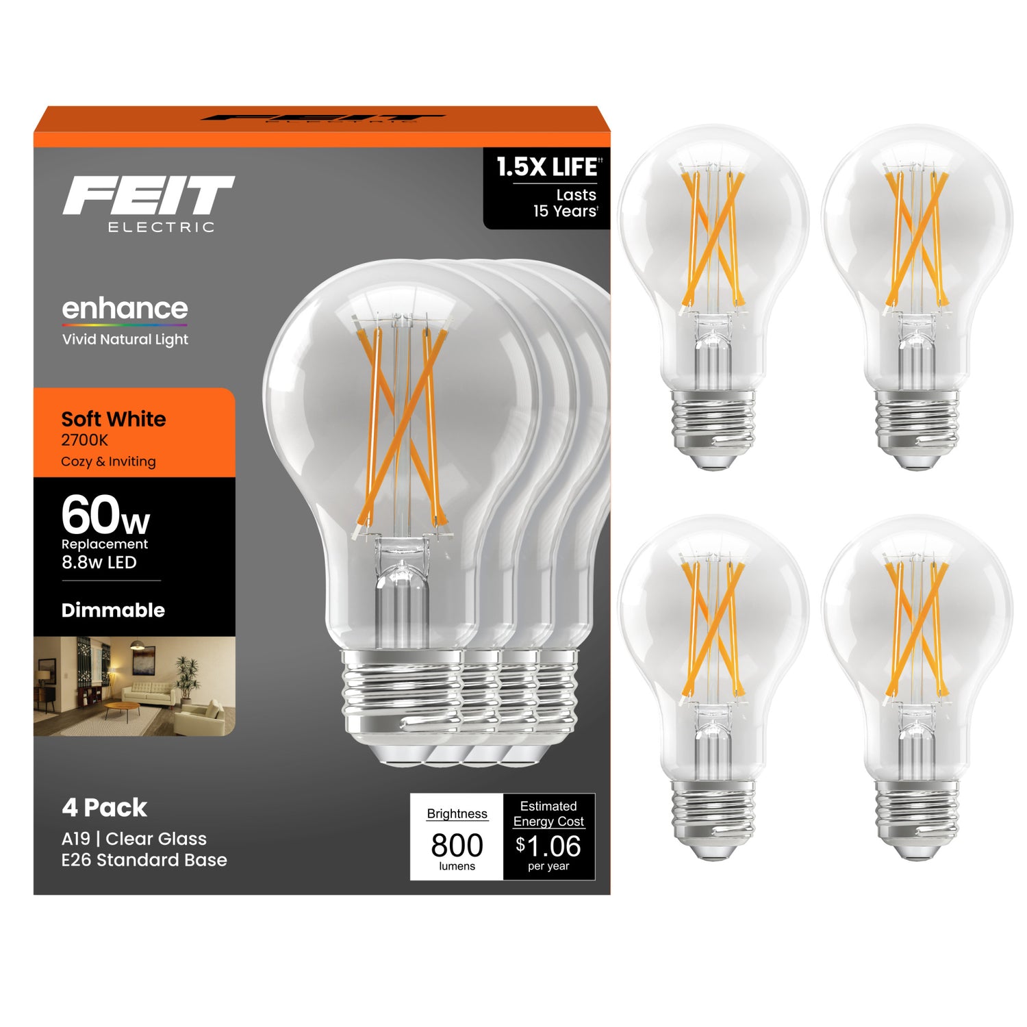 8.8W (60W Replacement) Soft White (2700K) A19 Medium E26 Base Enhance Dimmable Clear General Purpose LED Light Bulb (4-Pack)