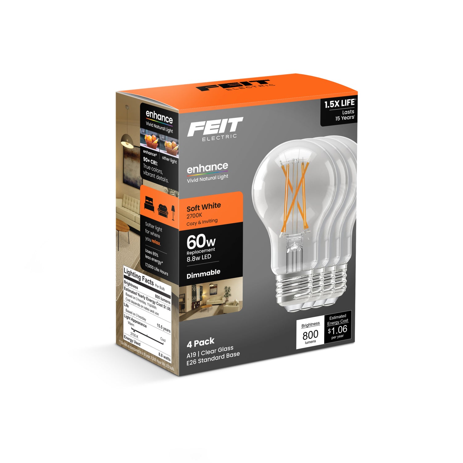 8.8W (60W Replacement) Soft White (2700K) A19 Medium E26 Base Enhance Dimmable Clear General Purpose LED Light Bulb (4-Pack)