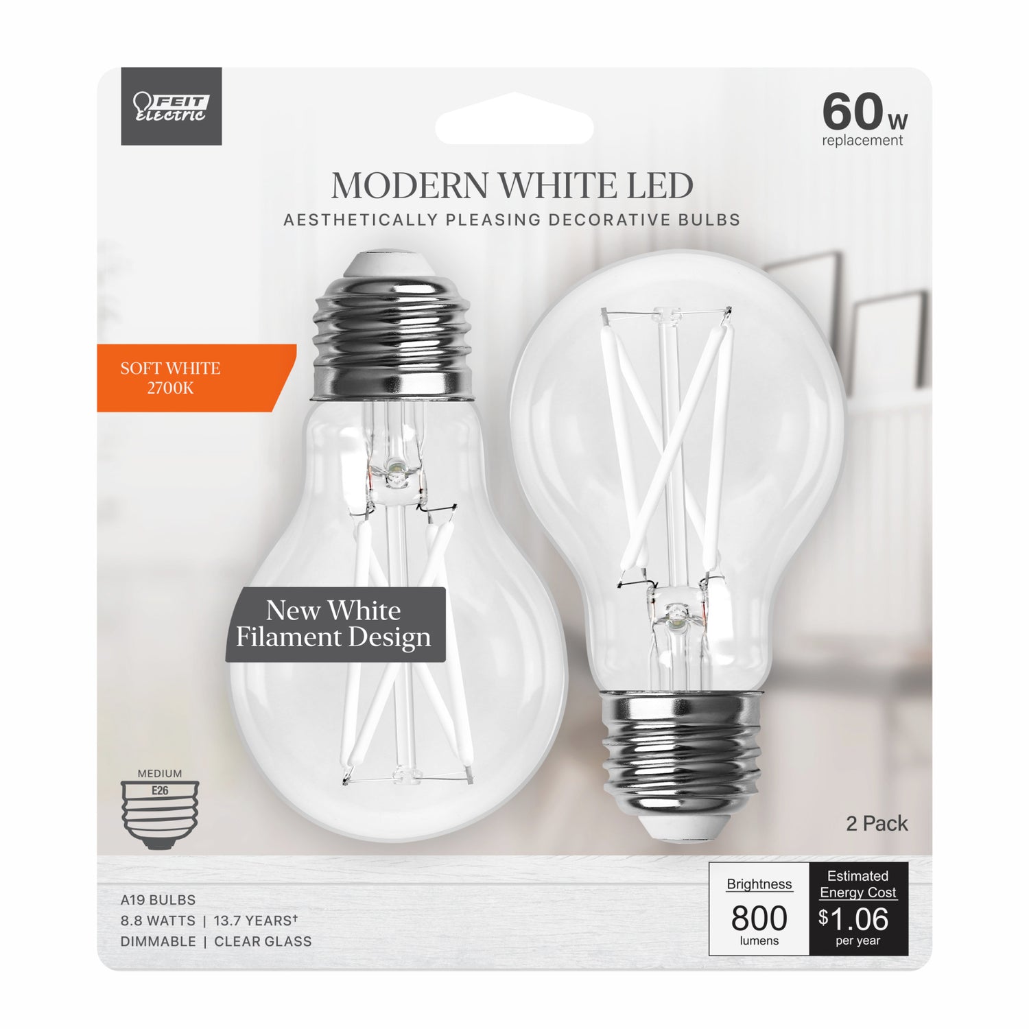 8.8W (60W Replacement) Soft White (2700K) A19 (E26 Medium Base) Dimmable Exposed White Filament LED Light Bulb (2-Pack)