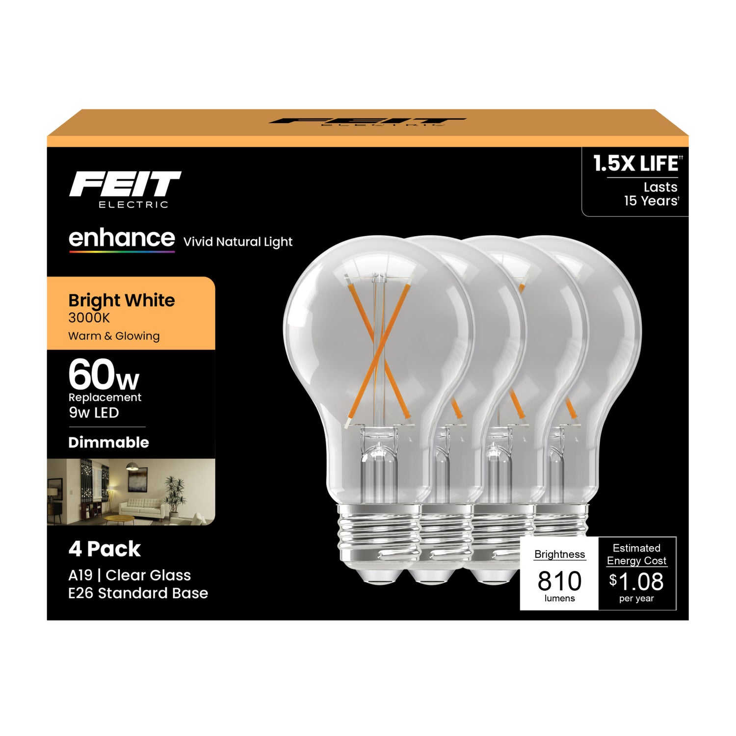 9W (60W Replacement) Bright White (3000K) A19 Shape (E26 Base) Filament Enhance LED Light Bulb (4-Pack)