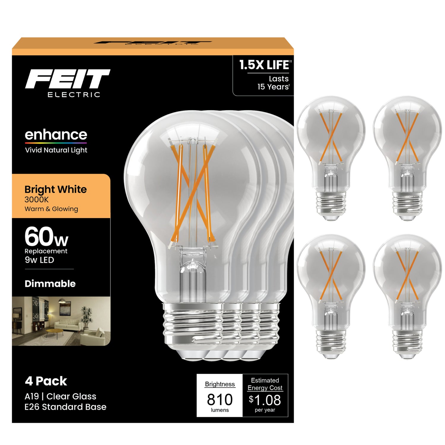 9W (60W Replacement) Bright White (3000K) A19 Shape (E26 Base) Filament Enhance LED Light Bulb (4-Pack)