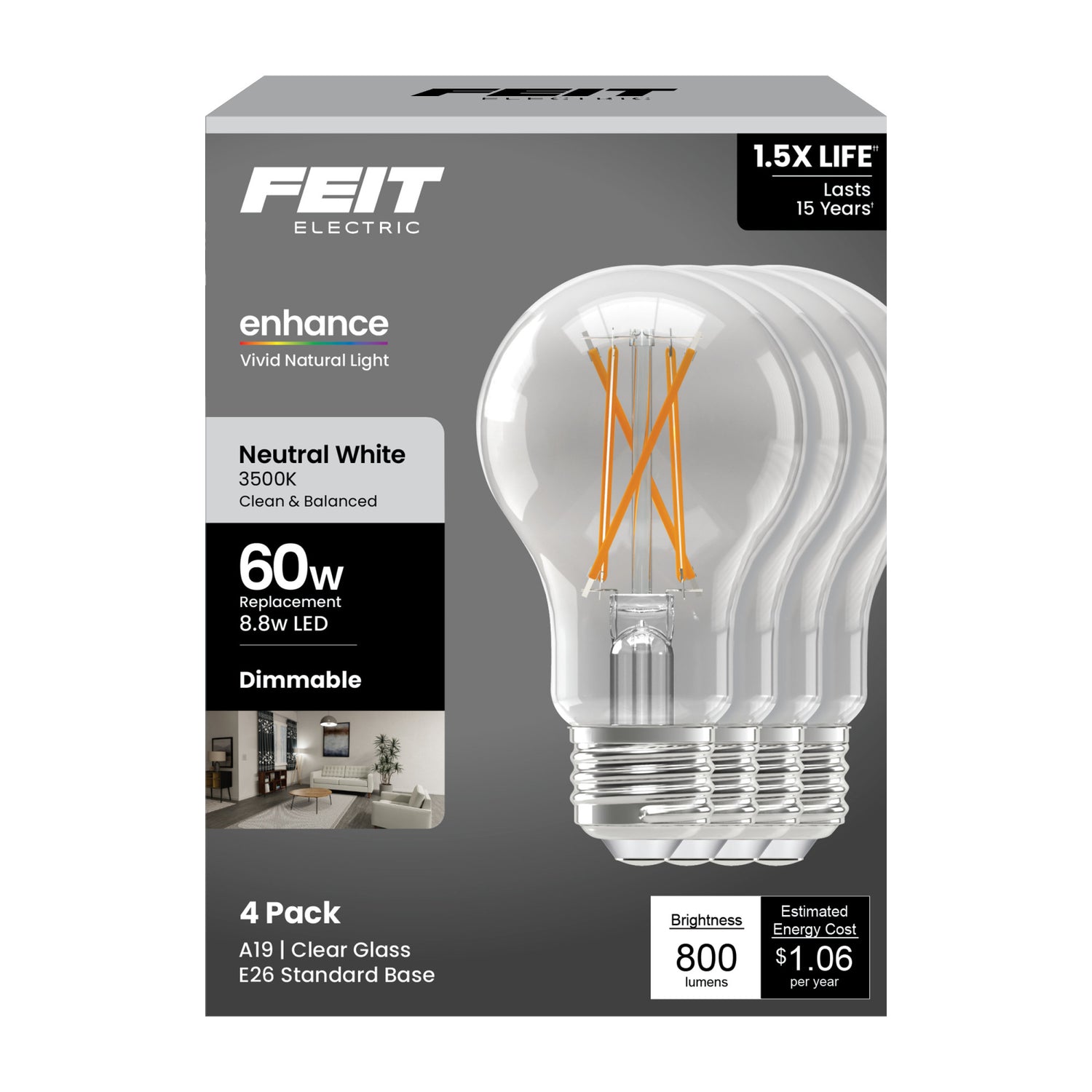 8.8W (60W Replacement) Neutral White (3500K) Medium E26 Base A19 Enhance Dimmable Clear General Purpose LED Light Bulb (4-Pack)