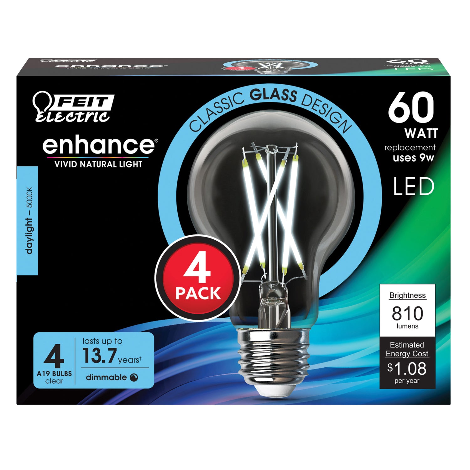 9W (60W Replacement) Daylight (5000K) A19 Shape (E26 Base) Filament LED Light Bulb (4-Pack)