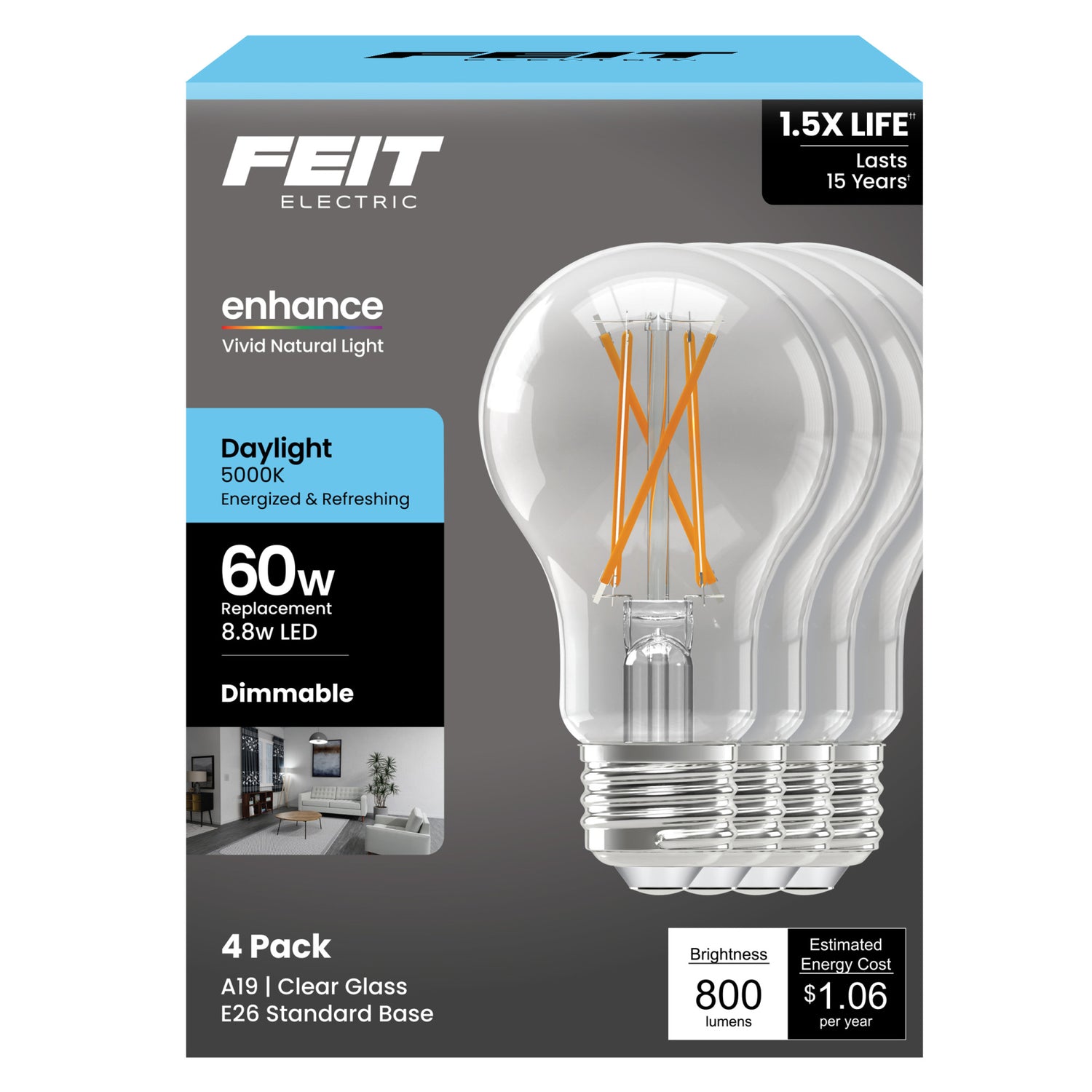 8.8W (60W Replacement) Daylight (5000K) Medium E26 Base A19 Enhance Dimmable Clear General Purpose LED Light Bulb (4-Pack)