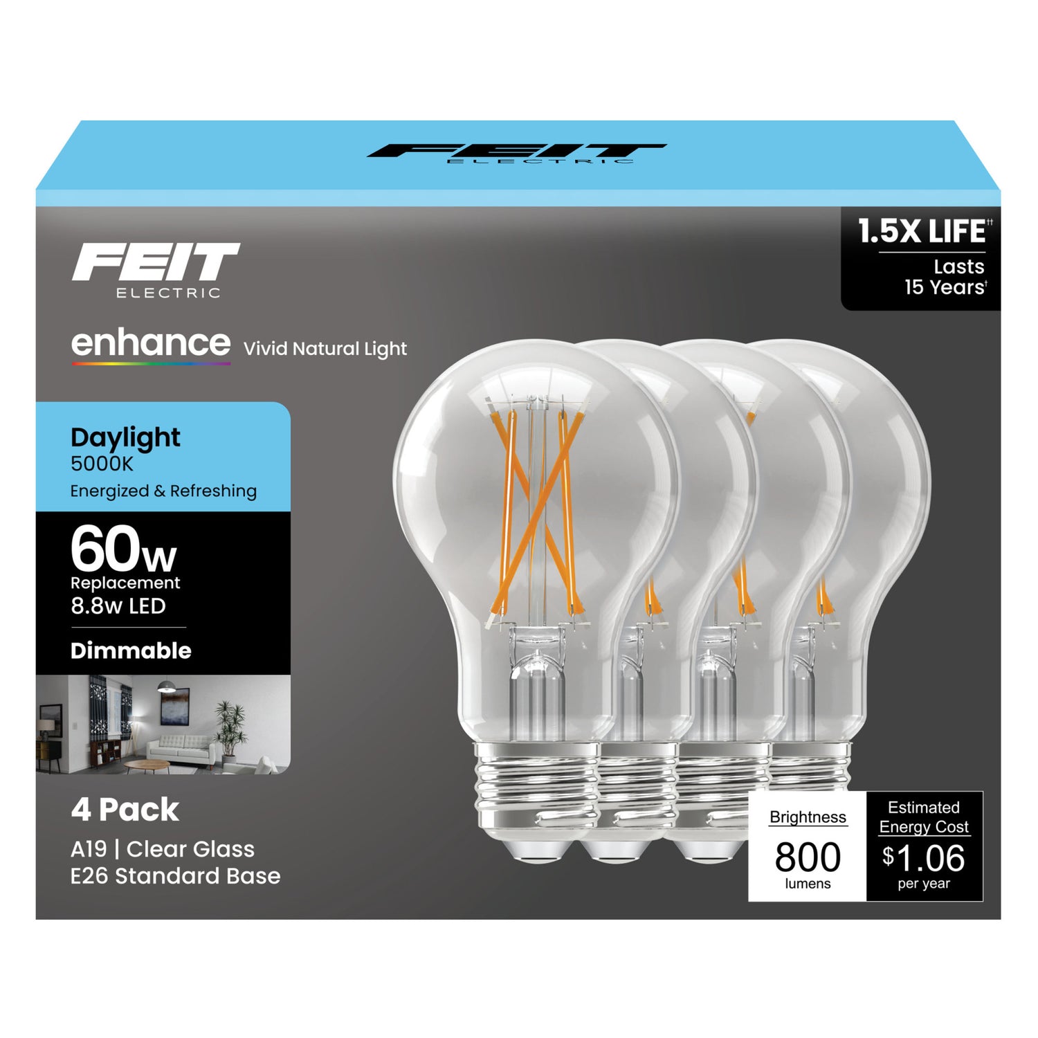 8.8W (60W Replacement) Daylight (5000K) Medium E26 Base A19 Enhance Dimmable Clear General Purpose LED Light Bulb (4-Pack)