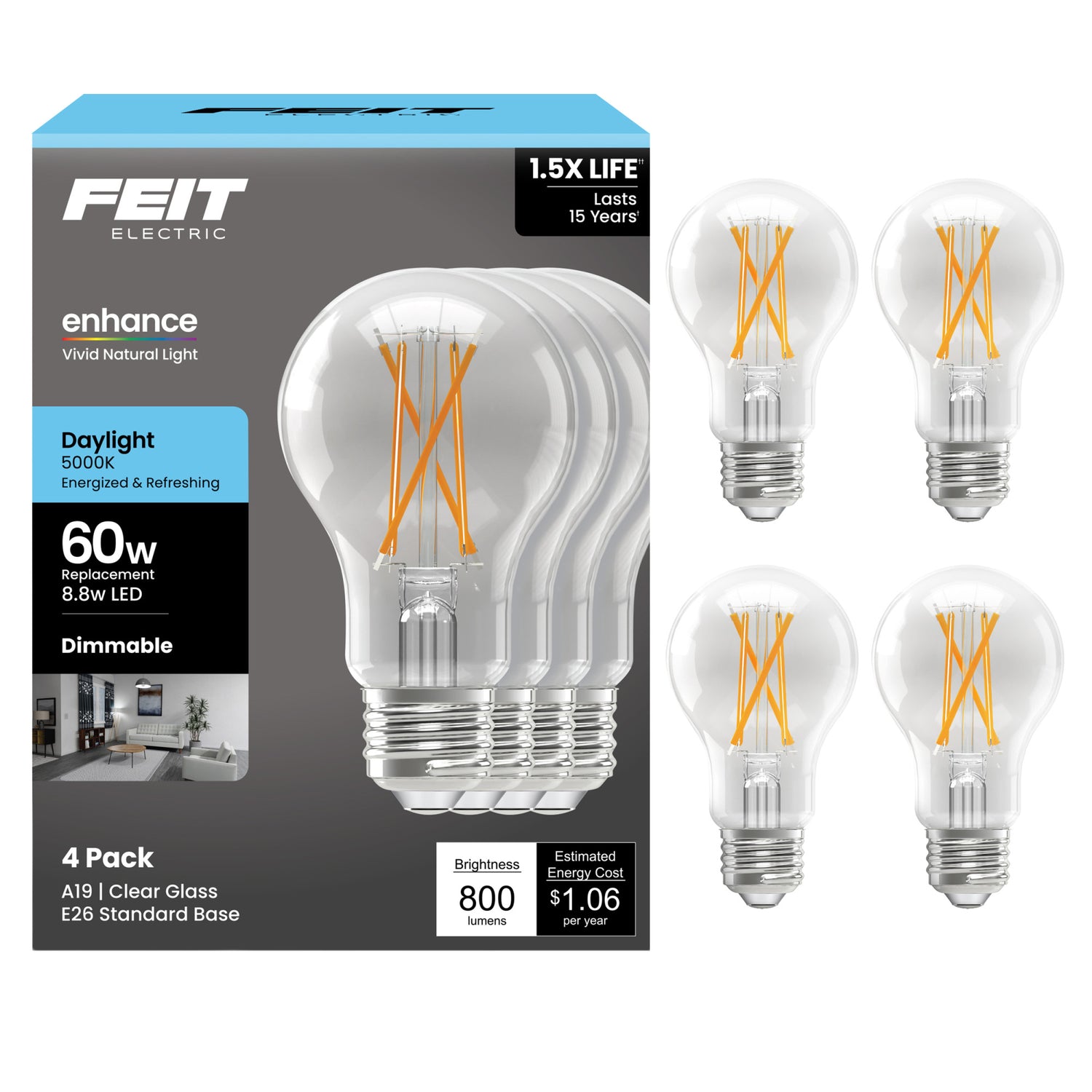 8.8W (60W Replacement) Daylight (5000K) Medium E26 Base A19 Enhance Dimmable Clear General Purpose LED Light Bulb (4-Pack)