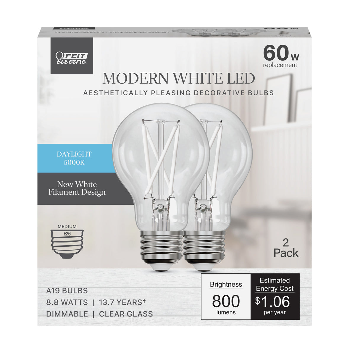 8.8W (60W Replacement) Daylight (5000K) A19 (E26 Medium Base) Dimmable Exposed White Filament LED Light Bulb (2-Pack)