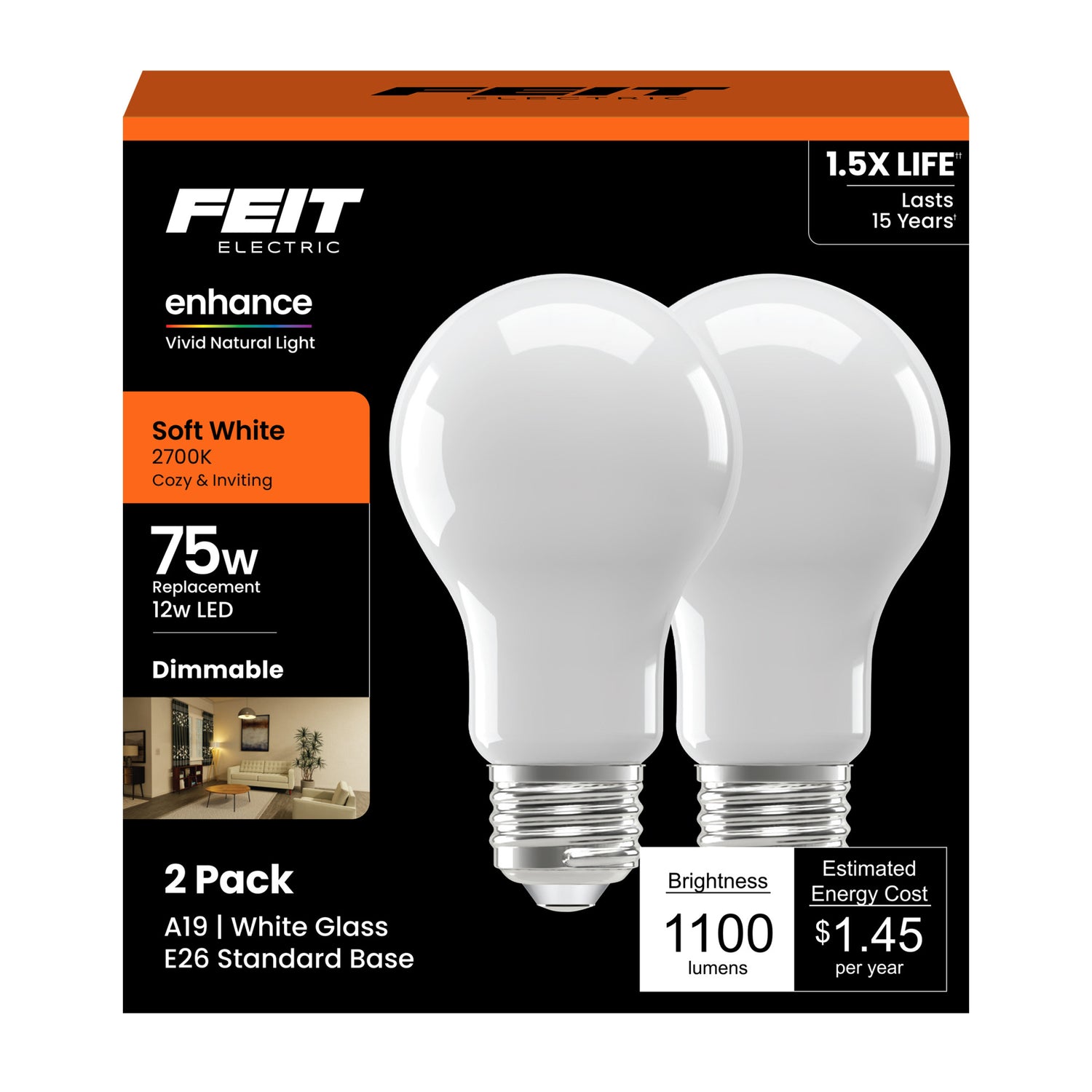 12W (75W Replacement) Soft White (2700K) A19 Enhance Dimmable Glass Filament General Purpose LED (2-Pack)