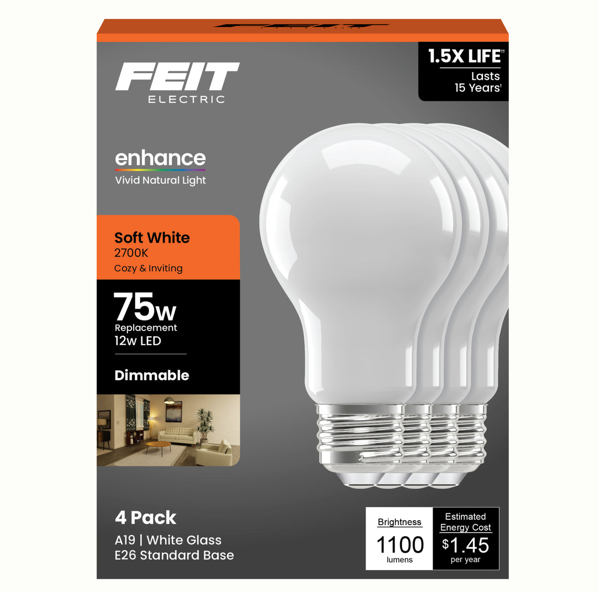 12W (75W Replacement) Soft White (2700K) A19 Medium E26 Base Enhance Dimmable General Purpose LED Light Bulb (4-Pack)