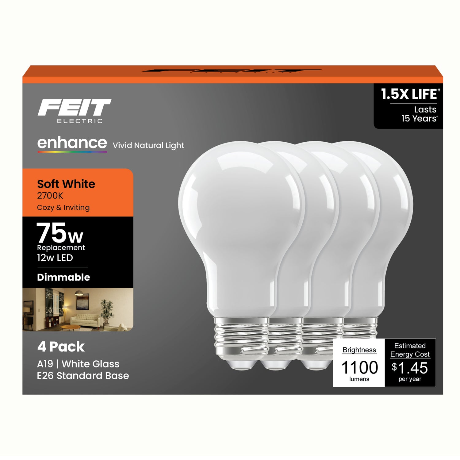 12W (75W Replacement) Soft White (2700K) A19 Medium E26 Base Enhance Dimmable General Purpose LED Light Bulb (4-Pack)