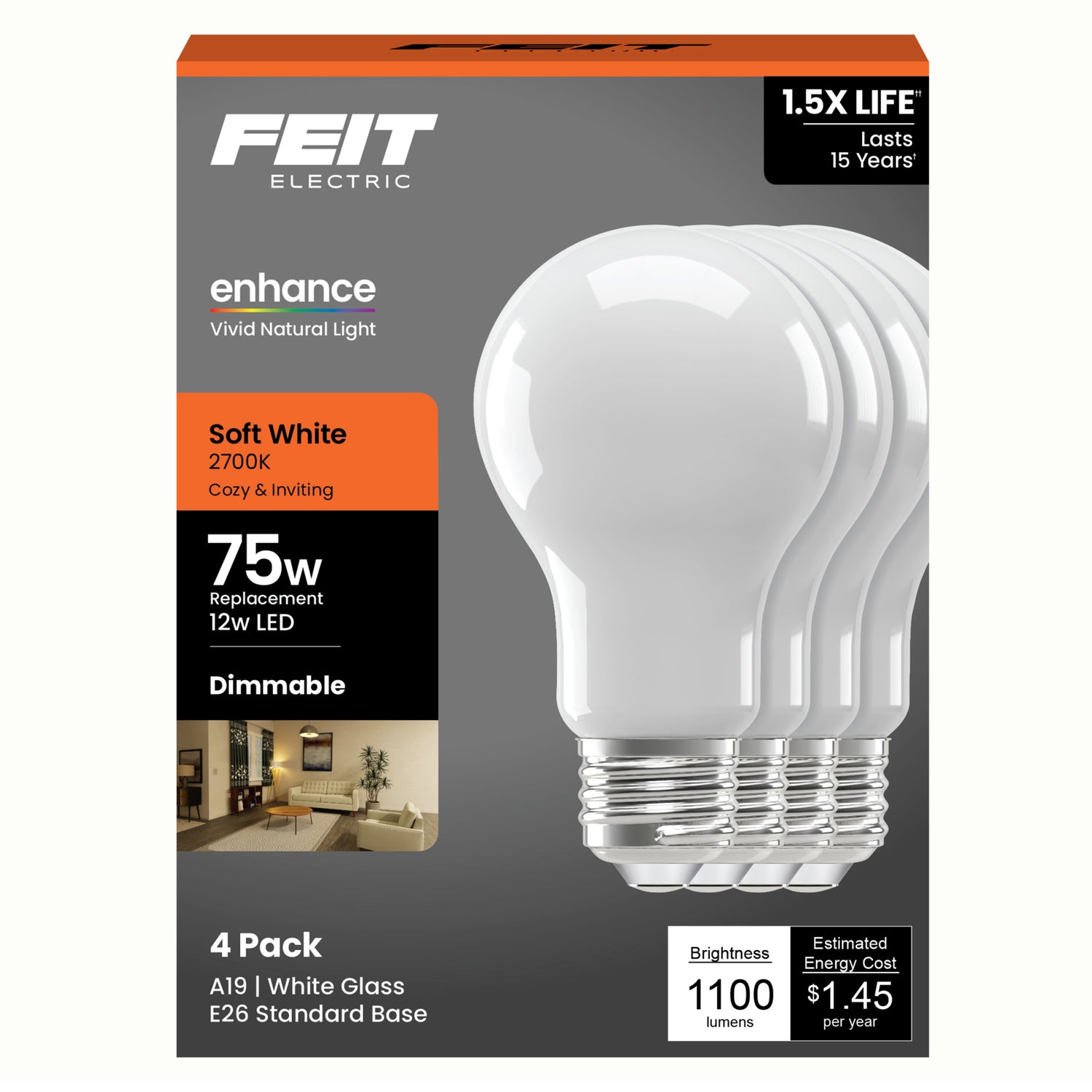 12W (75W Replacement) Soft White (2700K) A19 Medium E26 Base Enhance Dimmable General Purpose LED Light Bulb (4-Pack)