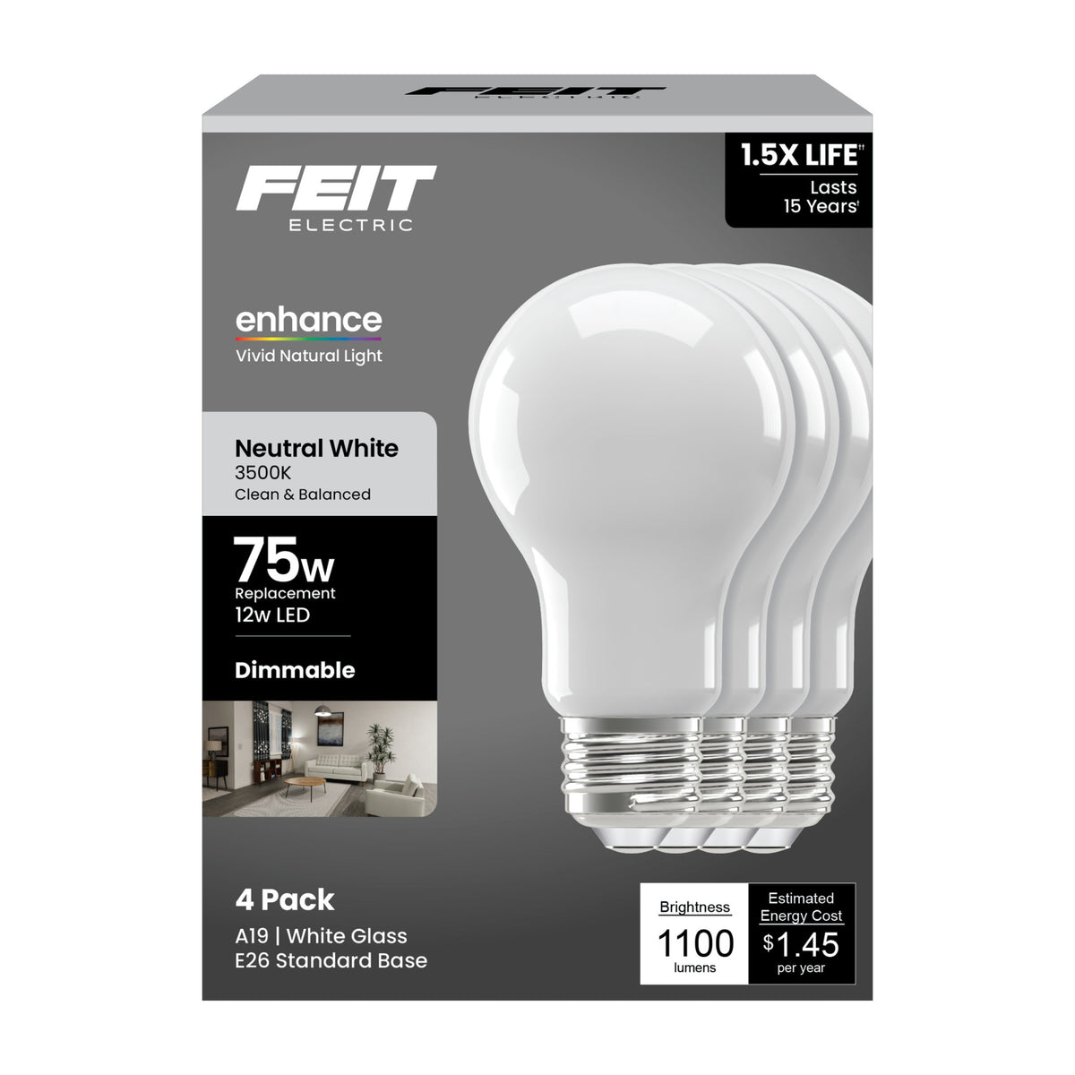 12W (75W Replacement) Neutral White (3500K) Medium E26 Base A19 Enhance Dimmable General Purpose LED Light Bulb (4-Pack)