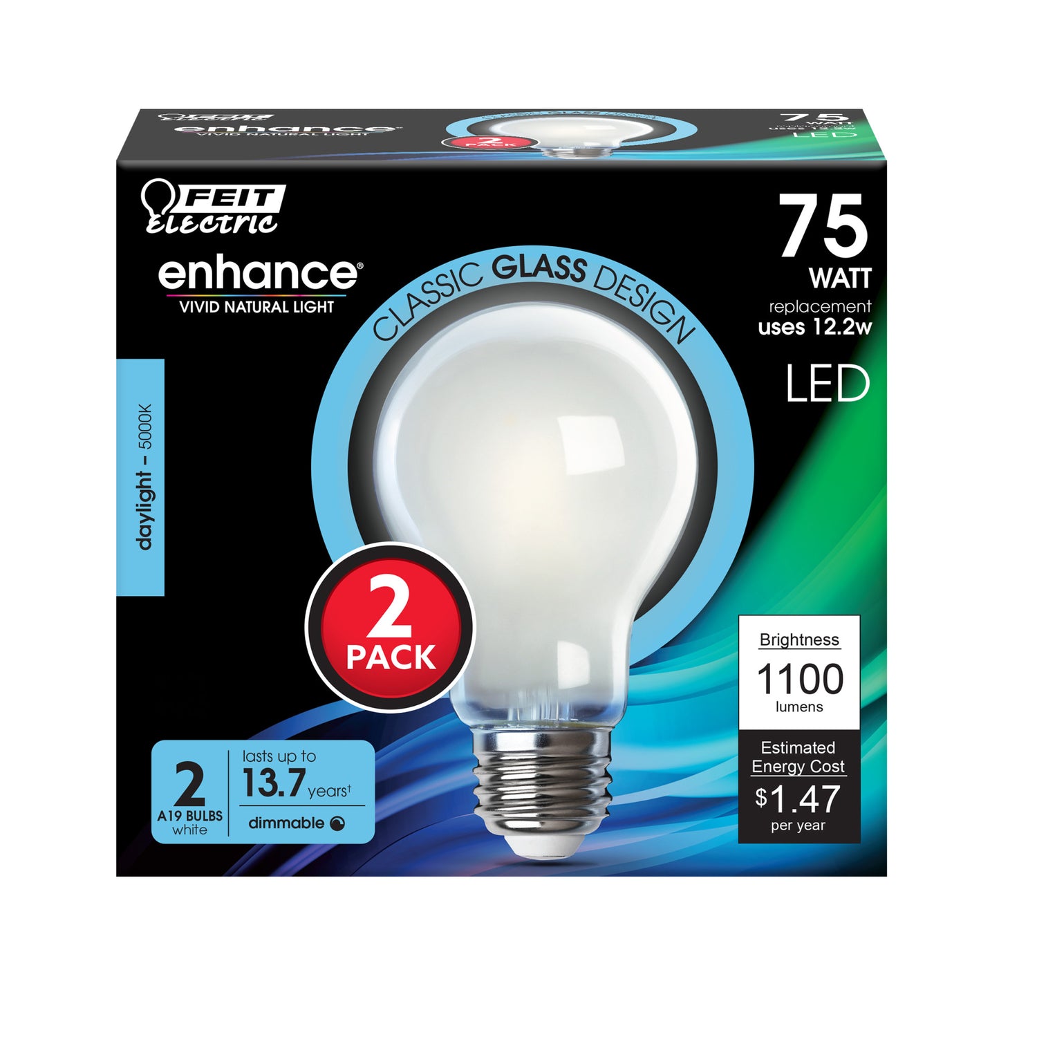 12W (75W Replacement) Daylight (5000K) A19 Enhance Dimmable Glass Filament General Purpose LED (2-Pack)