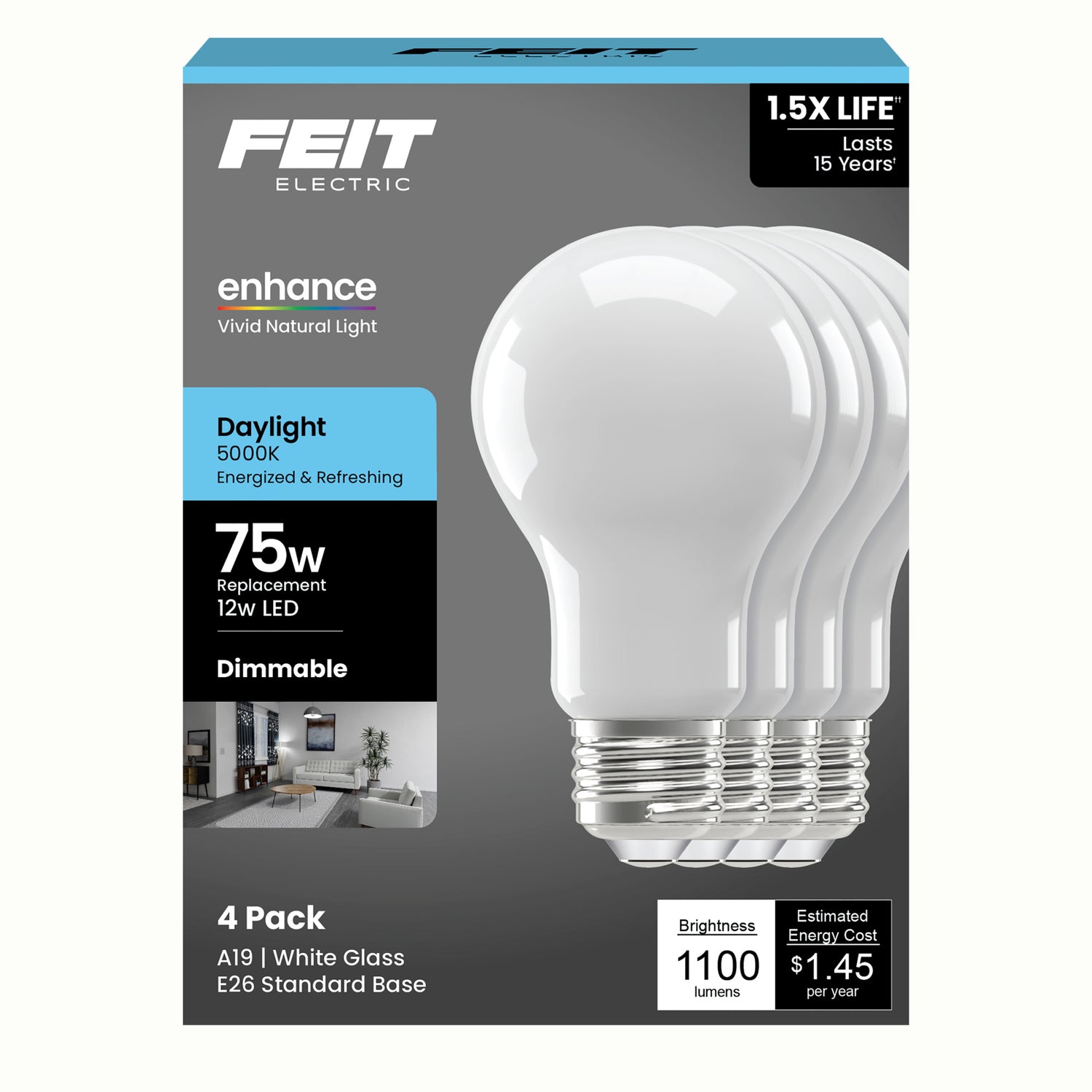 12W (75W Replacement) Daylight (5000K) Medium E26 Base A19 Enhance Dimmable General Purpose LED Light Bulb (4-Pack)