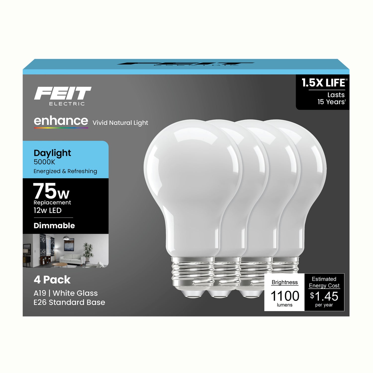 12W (75W Replacement) Daylight (5000K) Medium E26 Base A19 Enhance Dimmable General Purpose LED Light Bulb (4-Pack)