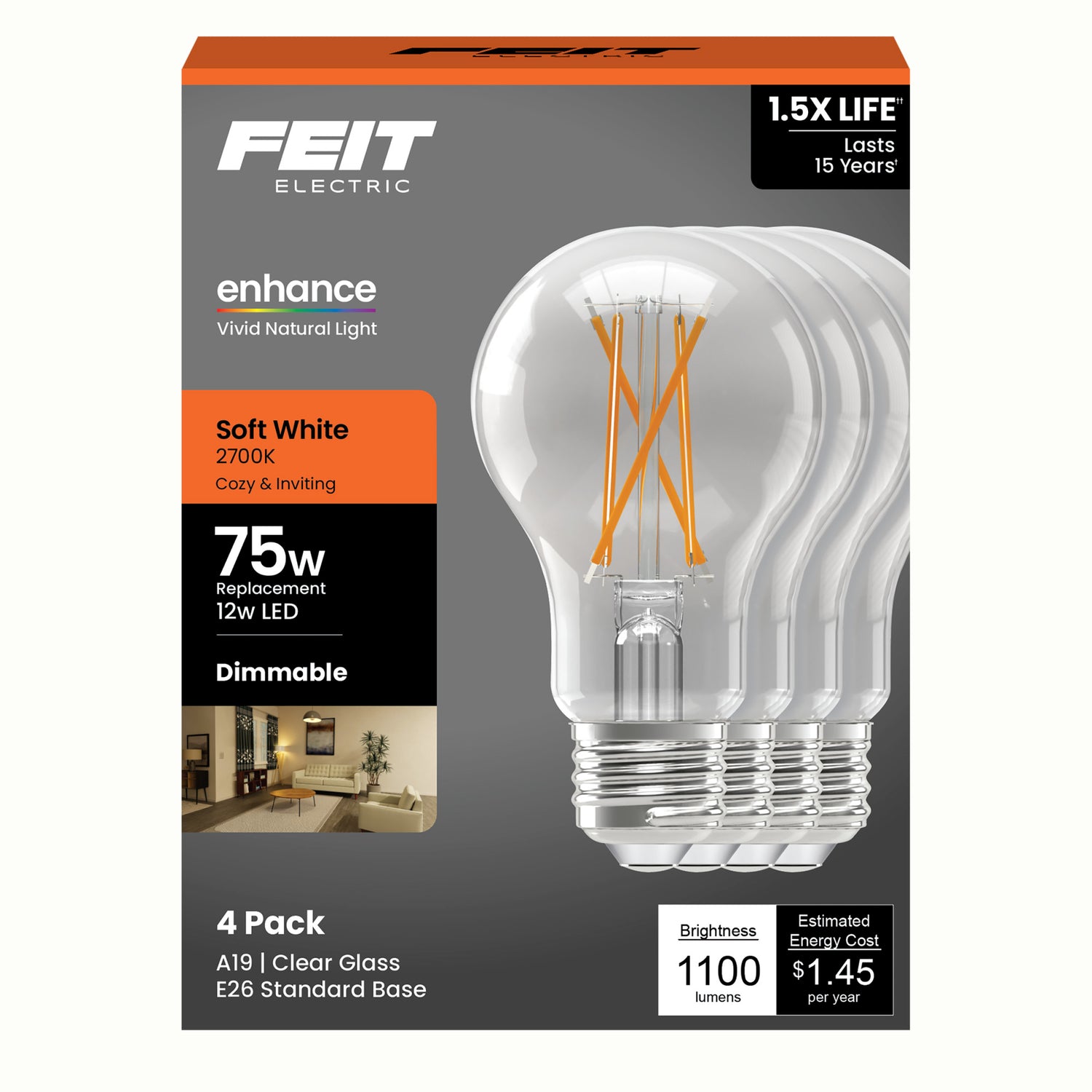 12W (75W Replacement) Soft White (2700K) A19 Medium E26 Base Enhance Dimmable Clear General Purpose LED Light Bulb (4-Pack)