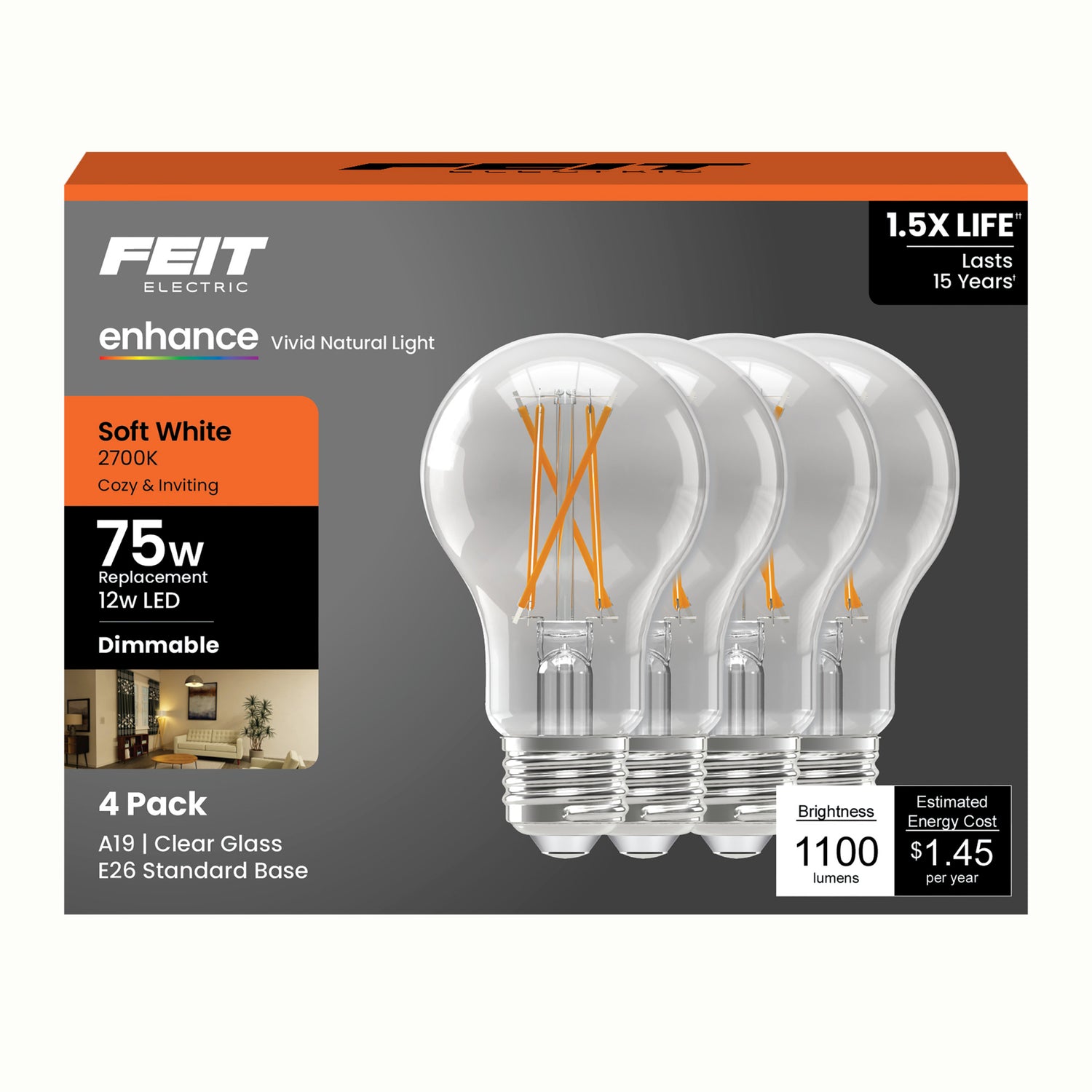 12W (75W Replacement) Soft White (2700K) A19 Medium E26 Base Enhance Dimmable Clear General Purpose LED Light Bulb (4-Pack)