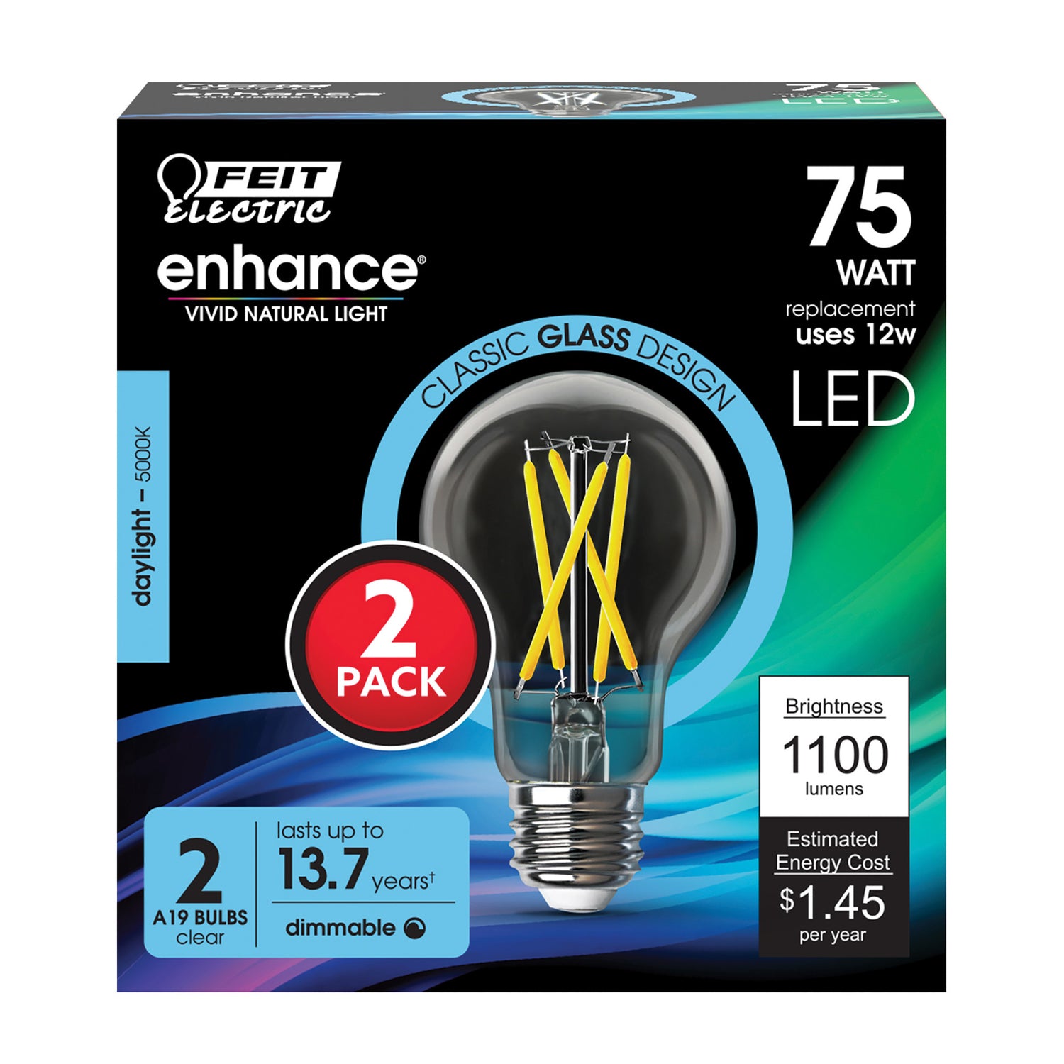 12W (75W Replacement) Daylight (5000K) A19 E26 Base Clear LED Filament Bulb (2-Pack)