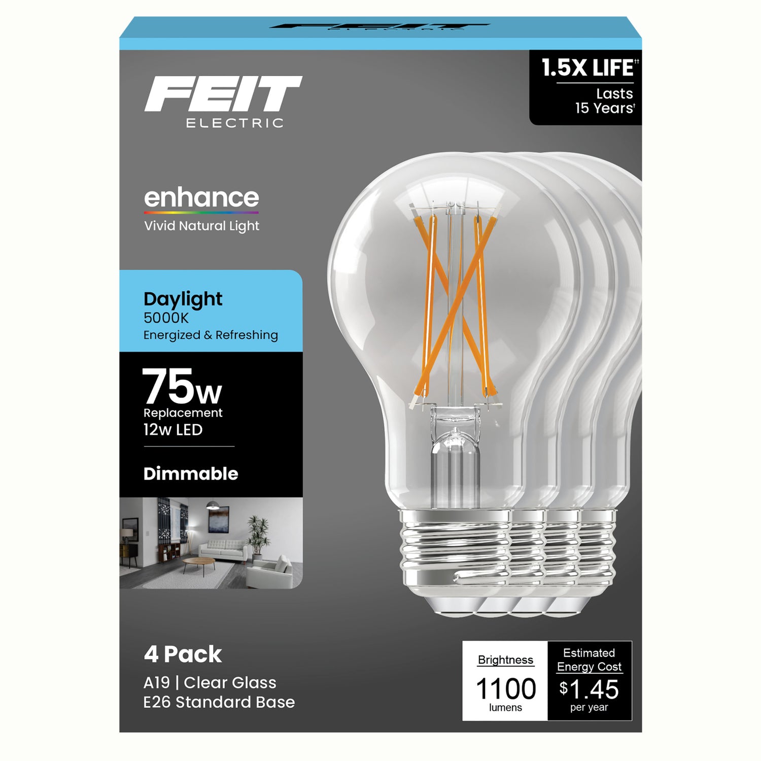 12W (75W Replacement) Daylight (5000K) Medium E26 Base A19 Enhance Dimmable Clear General Purpose LED Light Bulb (4-Pack)