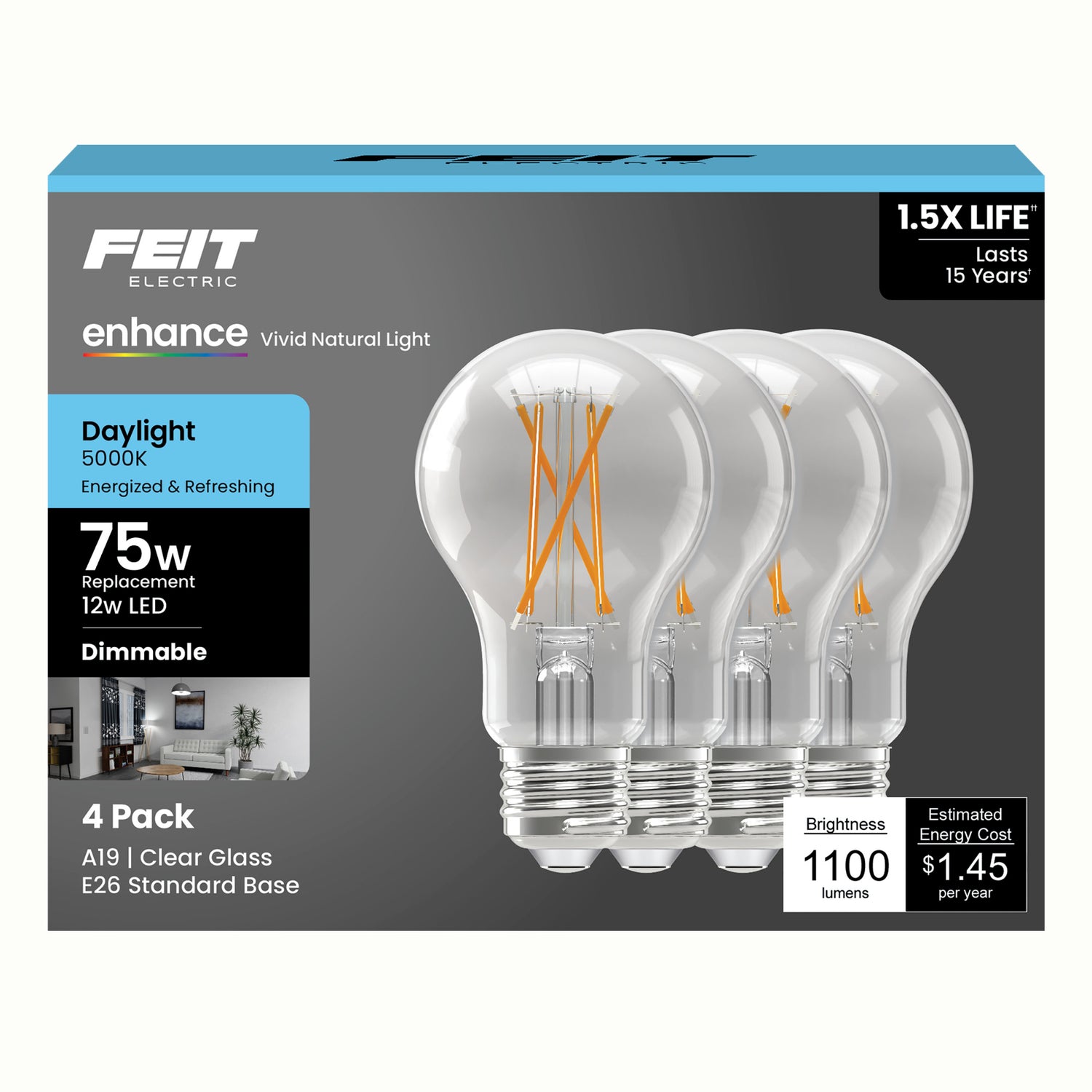 12W (75W Replacement) Daylight (5000K) Medium E26 Base A19 Enhance Dimmable Clear General Purpose LED Light Bulb (4-Pack)