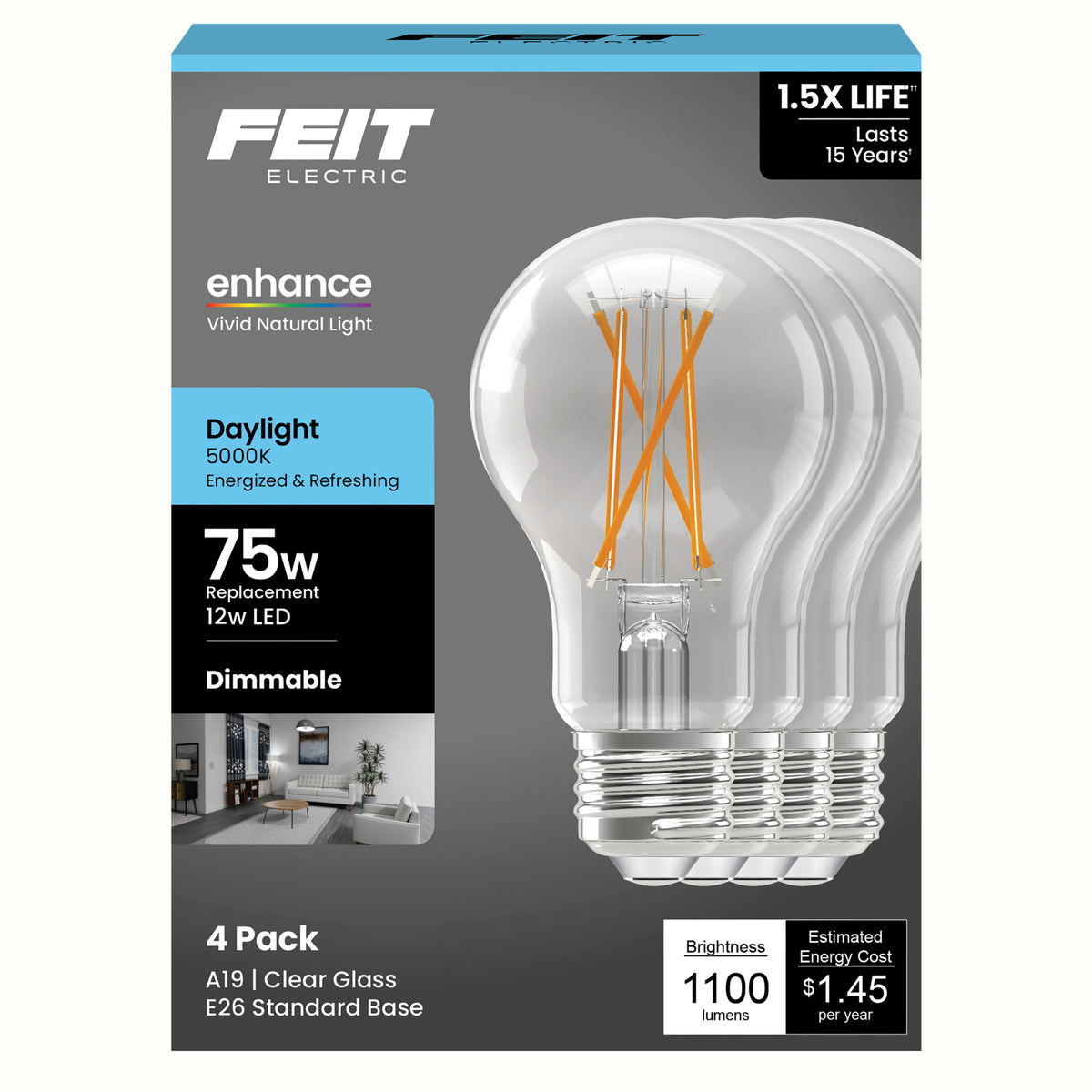 12W (75W Replacement) Daylight (5000K) Medium E26 Base A19 Enhance Dimmable Clear General Purpose LED Light Bulb (4-Pack)