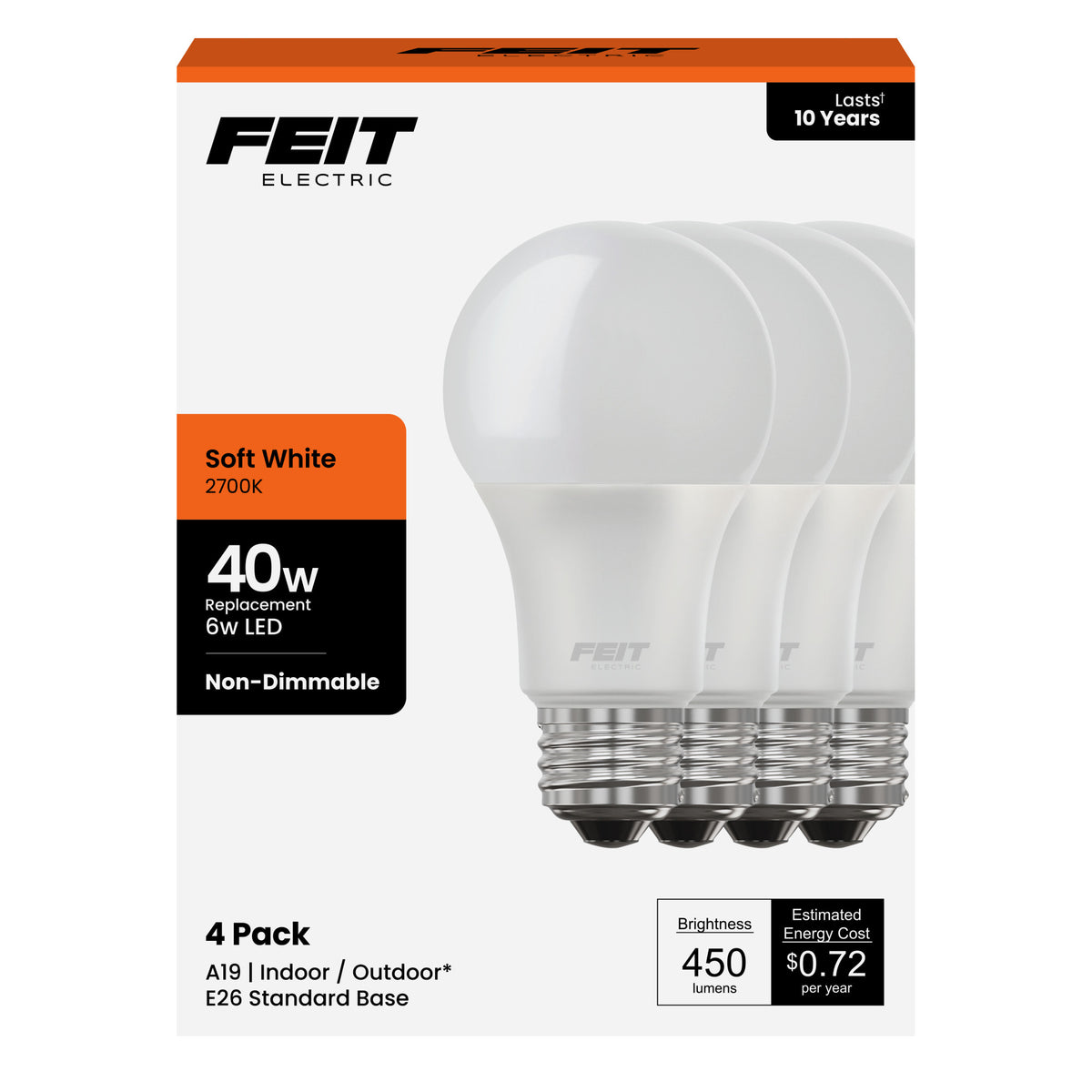 6W (40W Replacement) Soft White (2700K) A19 General Purpose LED (4-Pack)