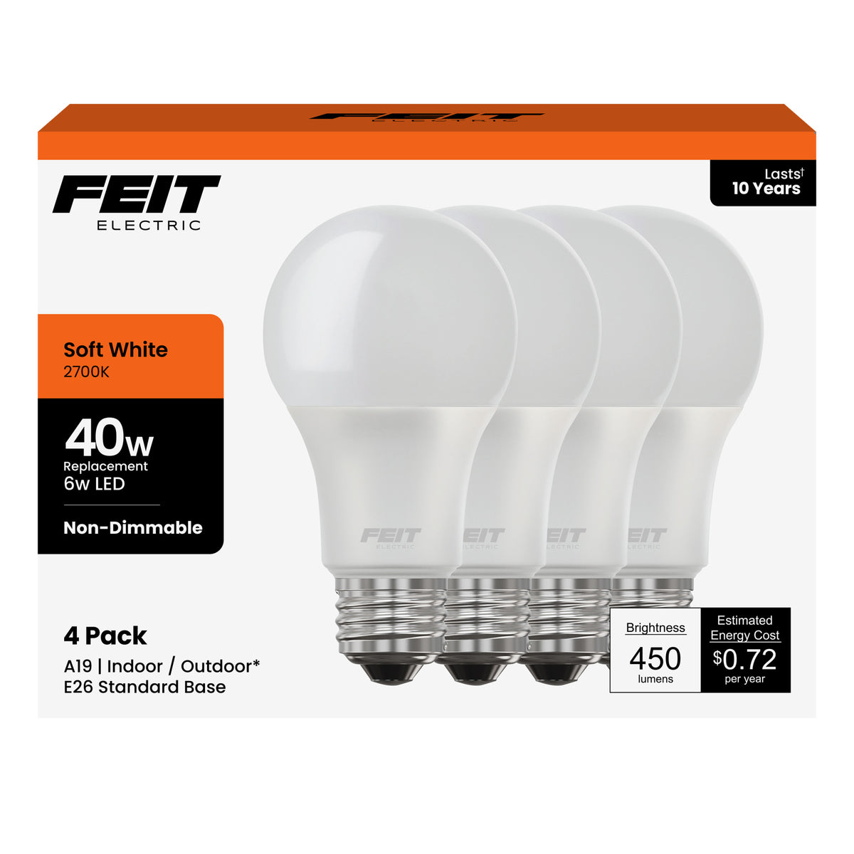 6W (40W Replacement) Soft White (2700K) A19 General Purpose LED (4-Pack)