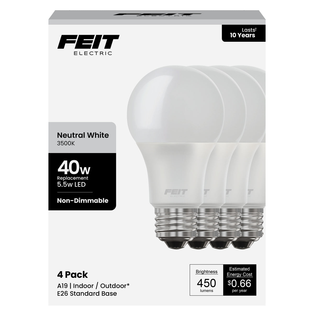 5.5W (40W Replacement) Neutral White (3500K) E26 Base A19 Non-Dimmable General Purpose LED (4-Pack)